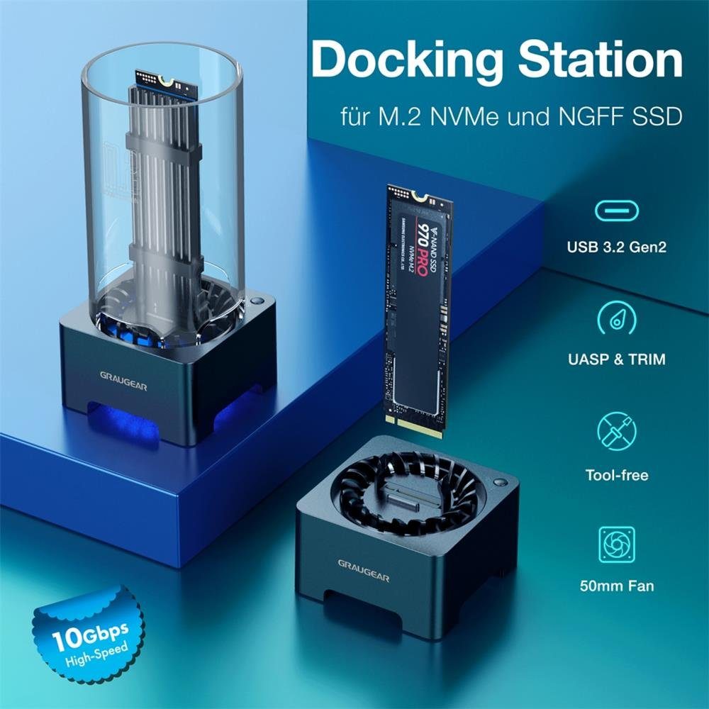 GRAUGEAR Festplatten-Dockingstation 18048, USB C M.2 NVMe NGFF SSD USB 3.2 leiser Lüfter Dockingstation schwarz