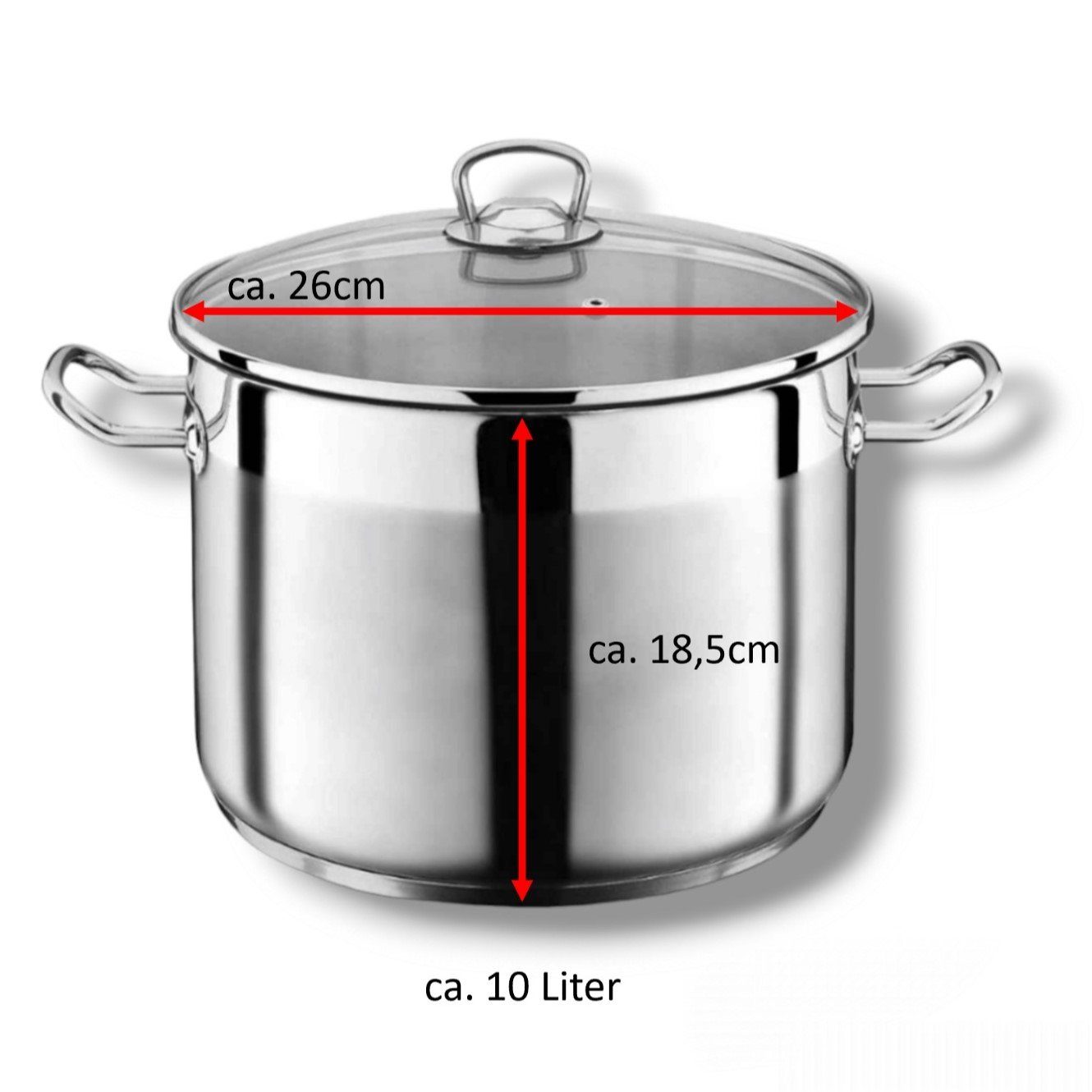 bemus Kochtopf BenVita Edelstahltopf, Allzwecktopf 10 Liter, 15 Liter & 20 Liter, Edelstahl 18/10 (Jumbotopf mit Glasdeckel, (Weihnachten, Geburtstag, Geschenk Idee), Kaltmetallgriffe, Induktionsgeeignet