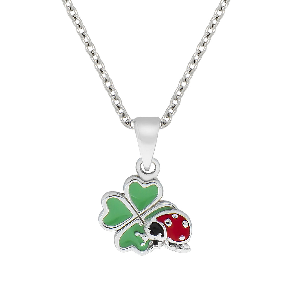 Halskette 925 Sterling Silber Kleeeblatt Marienkäfer Lack ohne Stein rhodiniert Kettenanhänger für Kinder