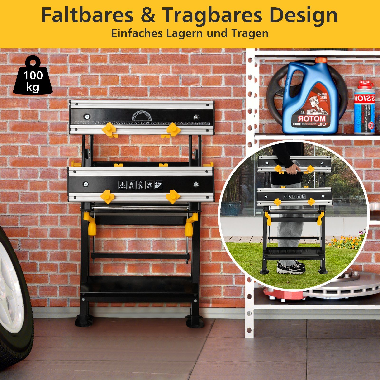 COSTWAY Werkbank Werktisch, 4-Fach neigbar, klappbar, 100 kg belastbar