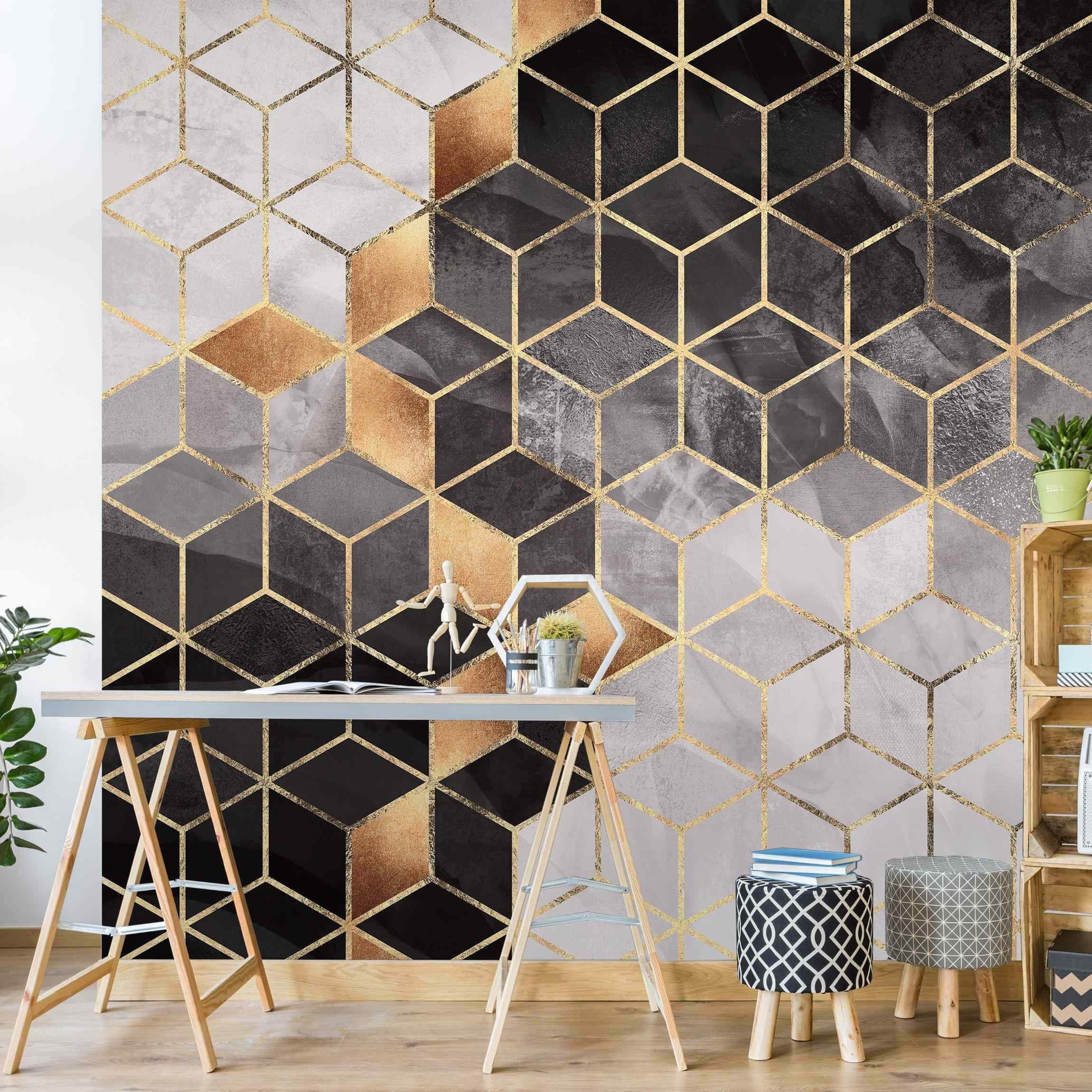 Bilderdepot24 Vliestapete Abstrakt Schwarz Weiß goldene Geometrie Tapete Wanddeko Modern Kunst, Glatt, Matt, (Inklusive Gratis-Kleister oder selbstklebend), Wohnzimmer Schlafzimmer Küche Flur Fototapete Motivtapete Wandtapete
