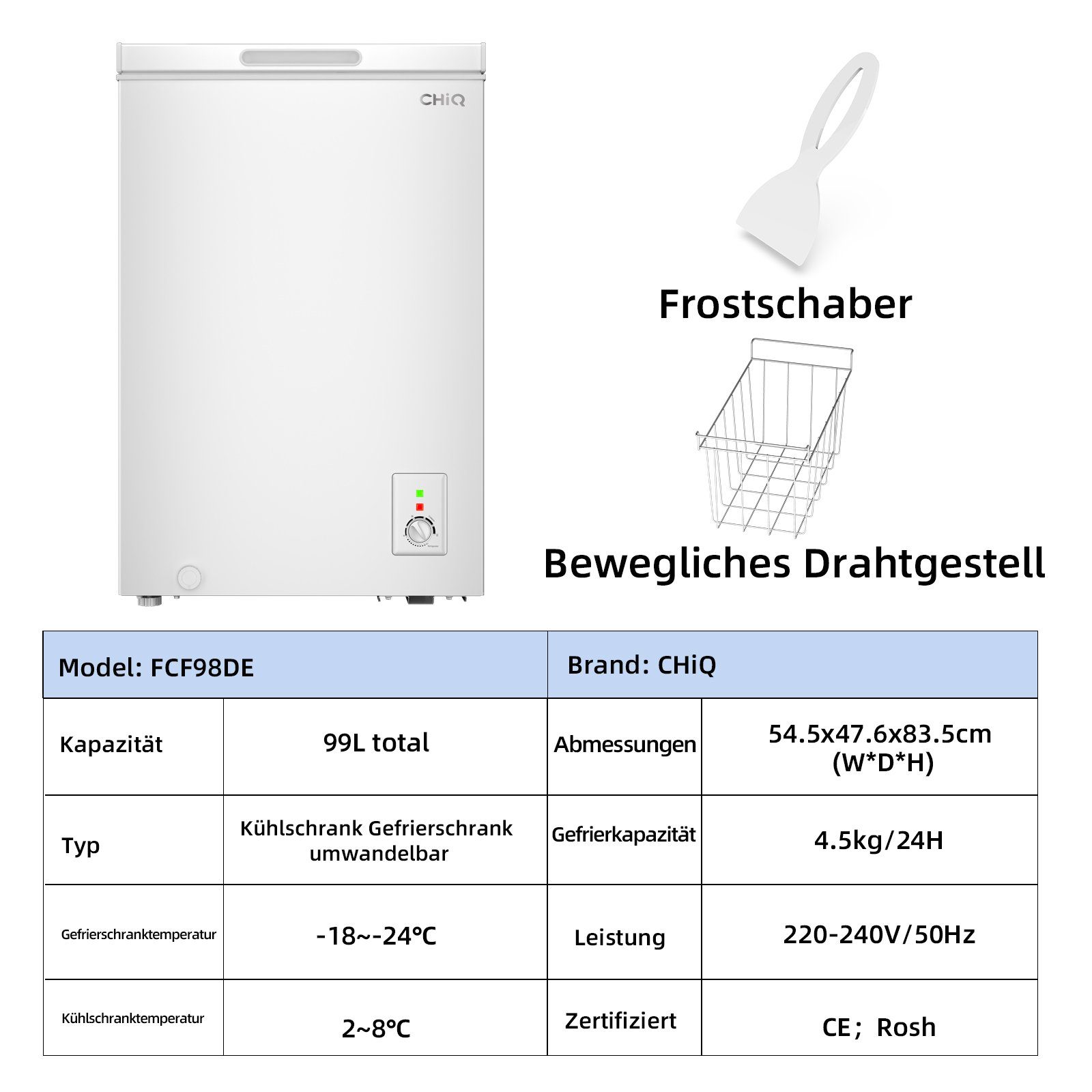 CHiQ Gefriertruhe FCF98DE, 55 cm breit, 99 l, Starke Gefrierleistung,12 Jahre Garantie auf den Kompressor