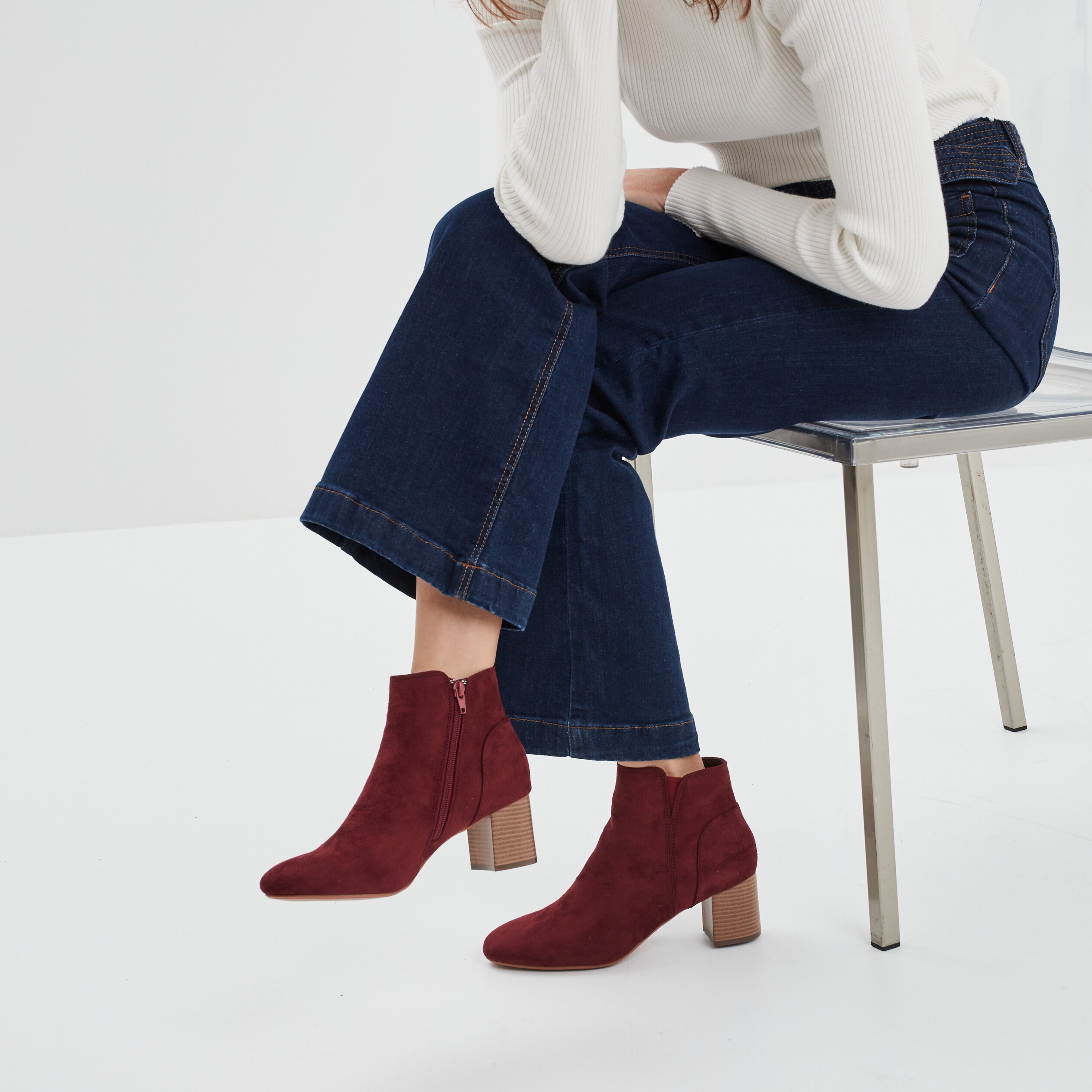 Bottines suédines à talons bordeaux femme | La Halle