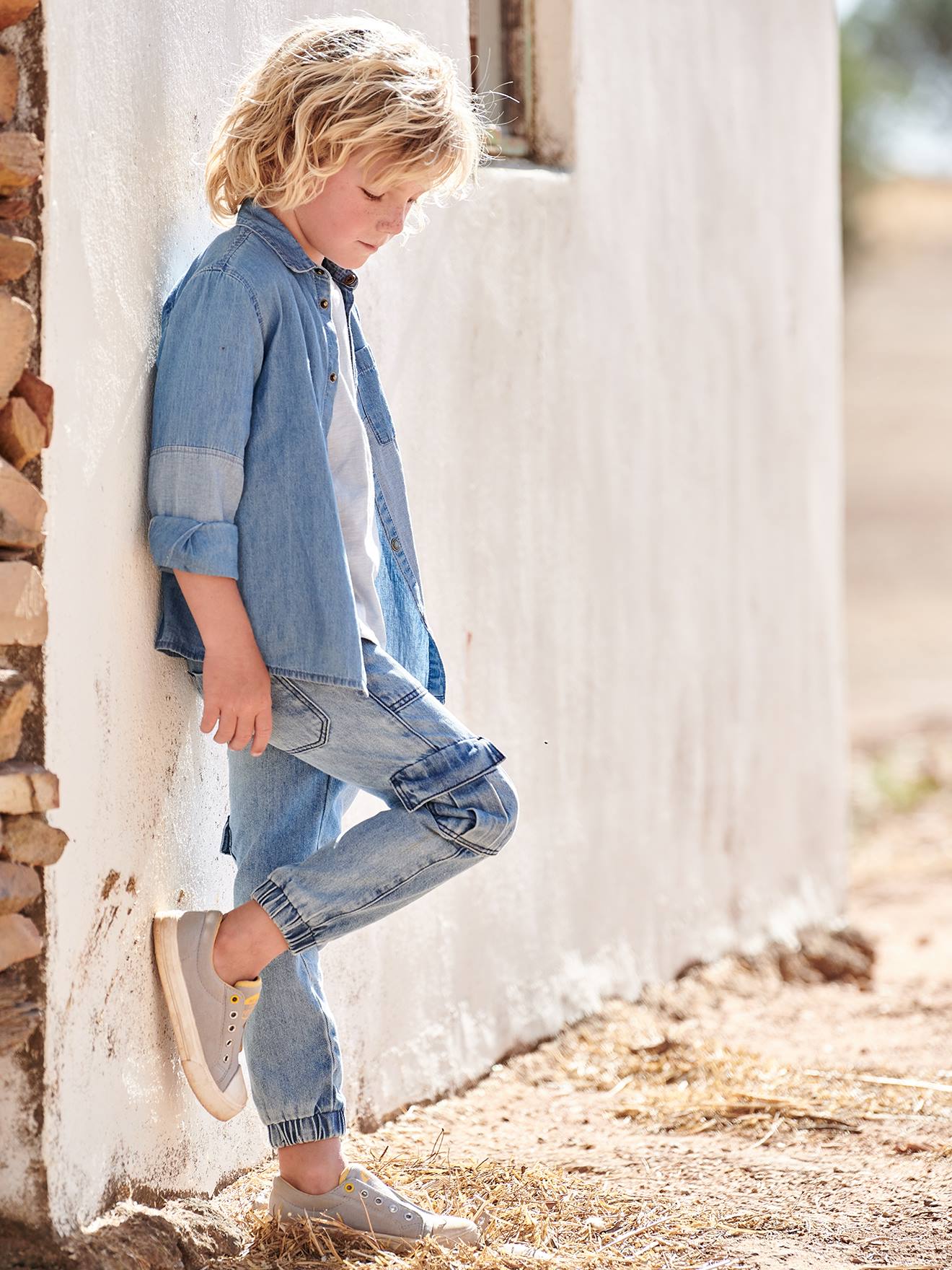 Chemise en jean garçon avec empiècements contrastés stone