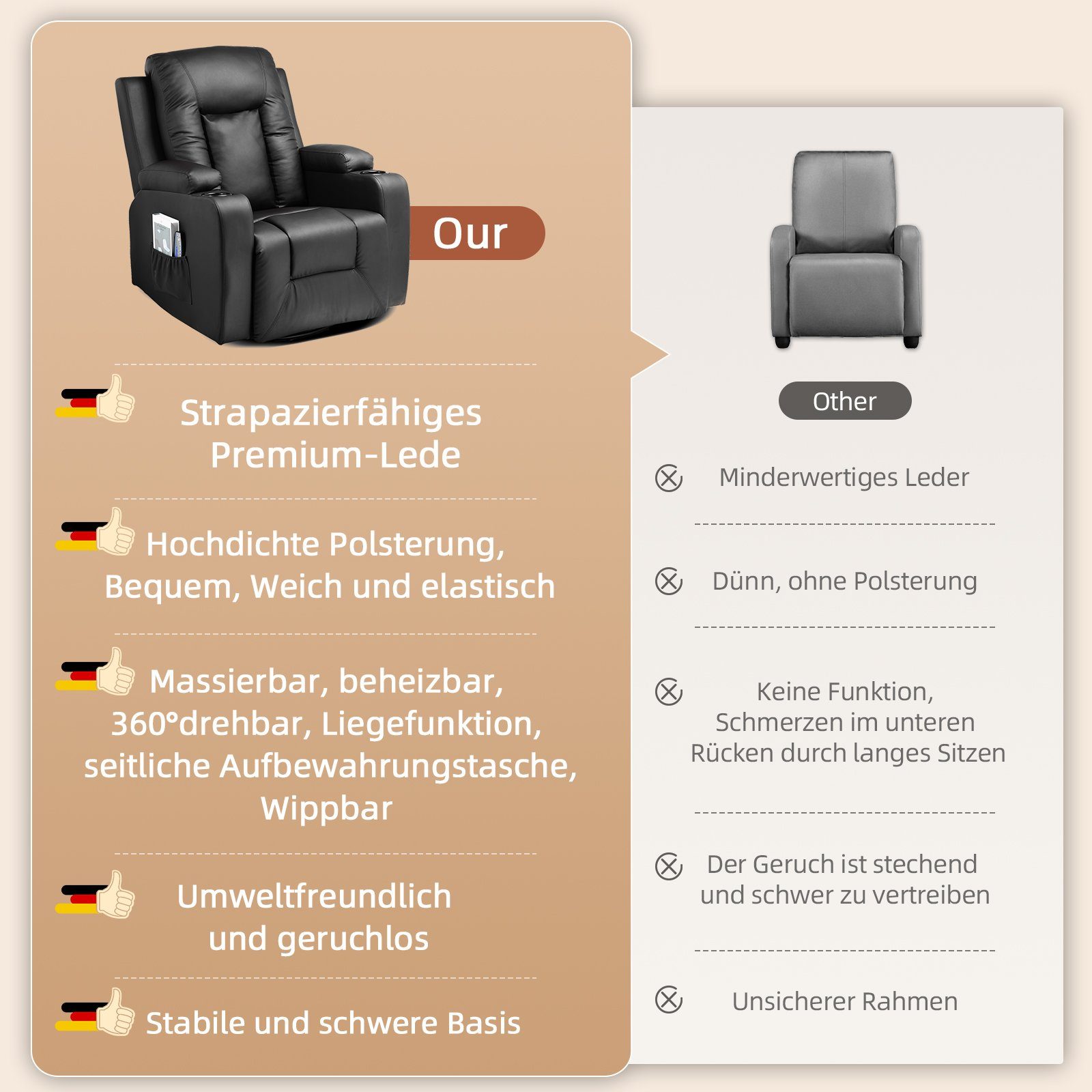 COMHOMA Relaxsessel Massagesessel Fernsehsessel mit Liegefunktion Vibration Heizung, Dicke Rückenlehne und Armlehnen, mit Wippfunktion, 360°drehbar