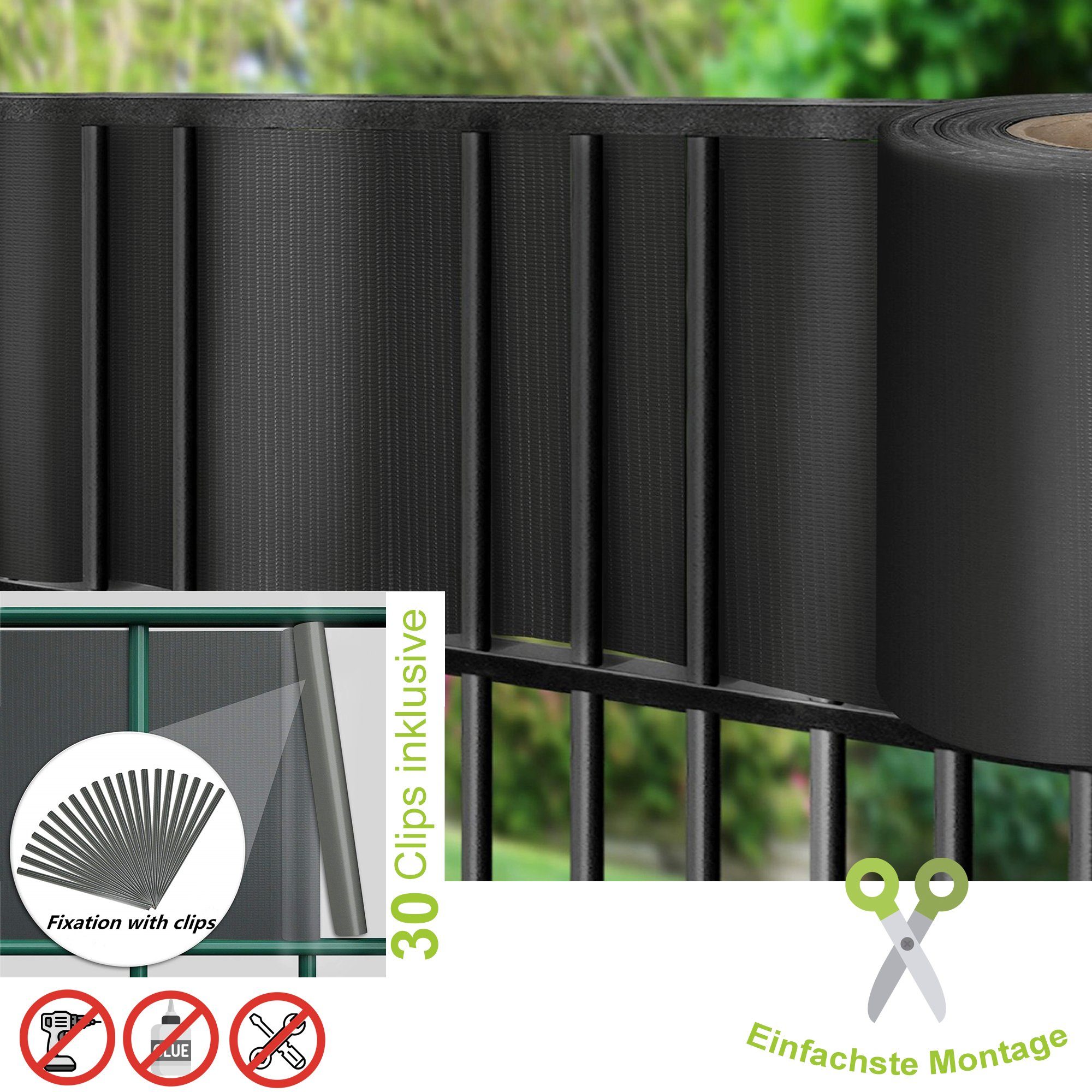 TerraUno Sichtschutzstreifen TerraUno I Sichtschutz (Rolle) Gartenzaun I 50, für Doppelstabmattenzaun - Gartenzaun I 50mx19cm inkl. 30 Clips I Anthrazit I PVC Sichtschutz für den Zaun