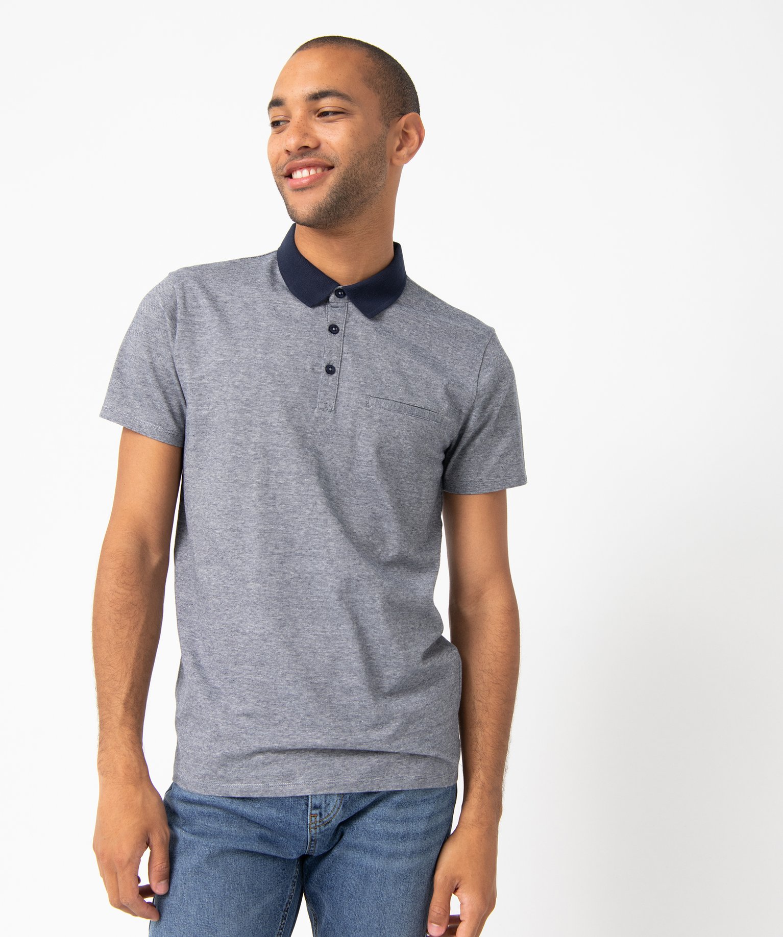 Polo homme à fines rayures et manches courtes bleu | GEMO