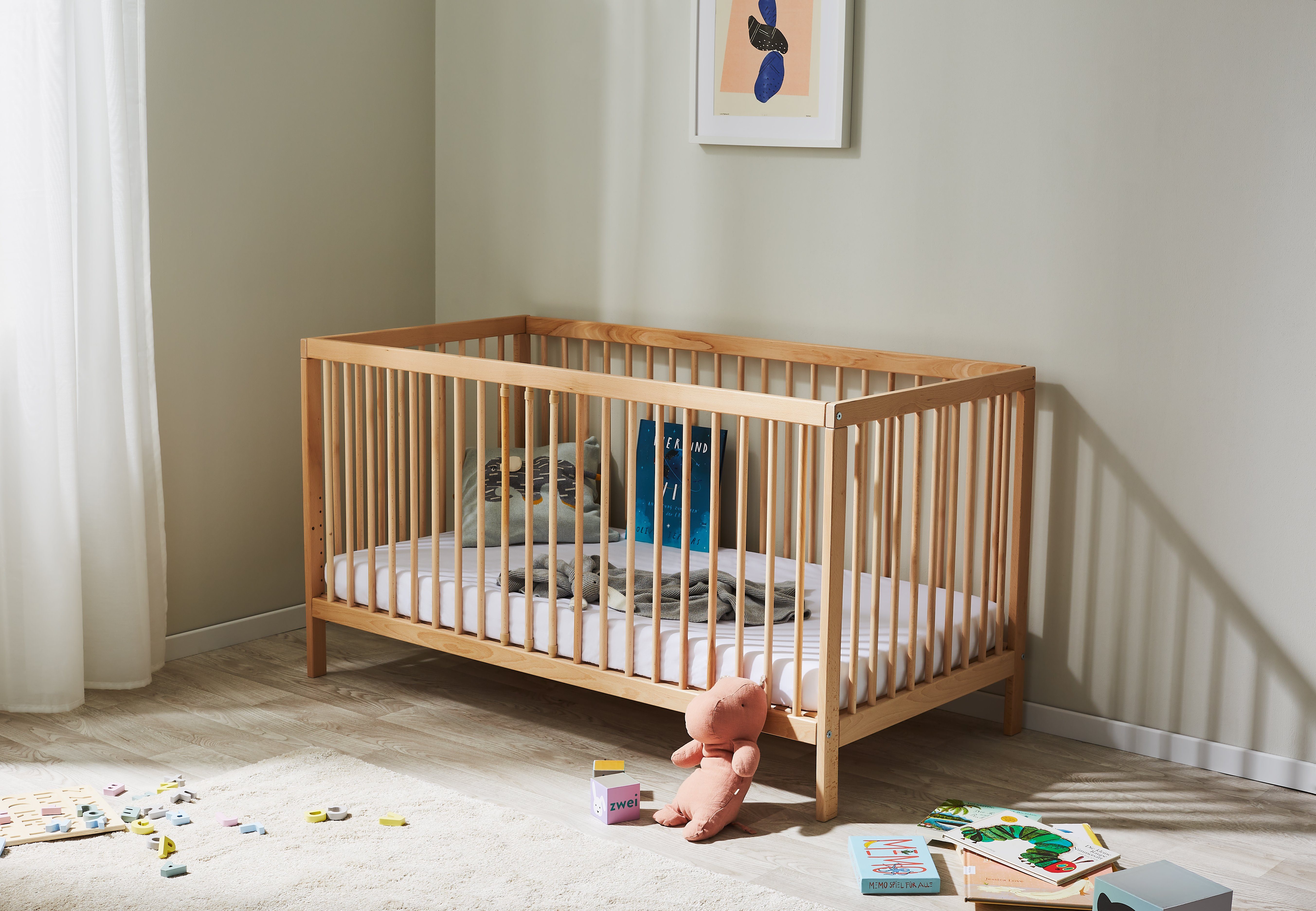 Kids Collective Babybett Gitterbett 60x120 70x140 cm höhenverstellbar herausnehmbare Sprossen, Buchenholz sehr stabil Made in Europe natur 120x60