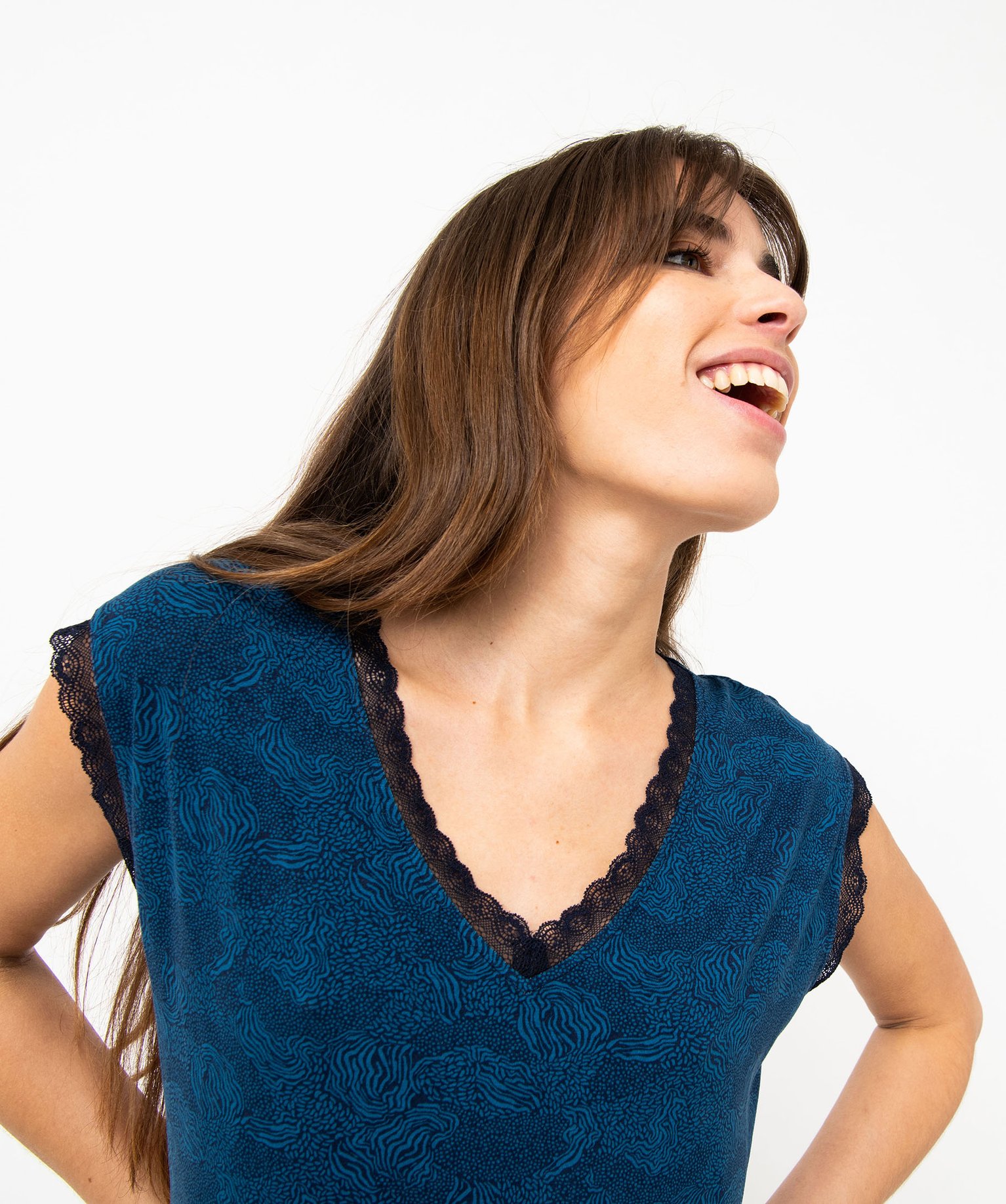 Tee-shirt femme imprimé avec finitions dentelle imprime | GEMO