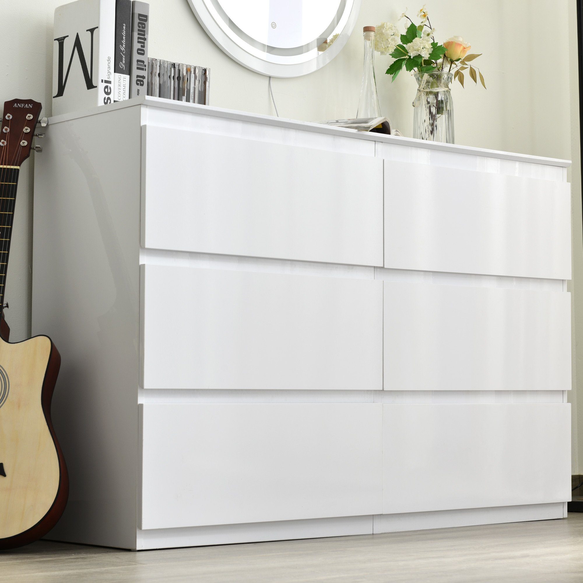 OKWISH Sideboard Schubladenkommode (Kommode mit 6 Schubladen 130CM, Weiß -B130/T40 /H88cm), Highboard Weiss Sideboard für Schlafzimmer & alle Wohnräume
