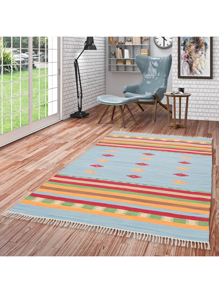 Pergamon Baumwolle Natur Kelim Teppich Lina Stripes in Blau günstig kaufen