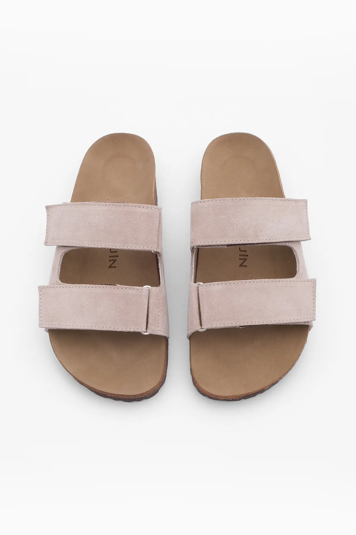 Marjin  Damen Hausschuhe mit doppeltem Riemen und Klettverschluss und Eva-Sohle Mester Beige Wildleder