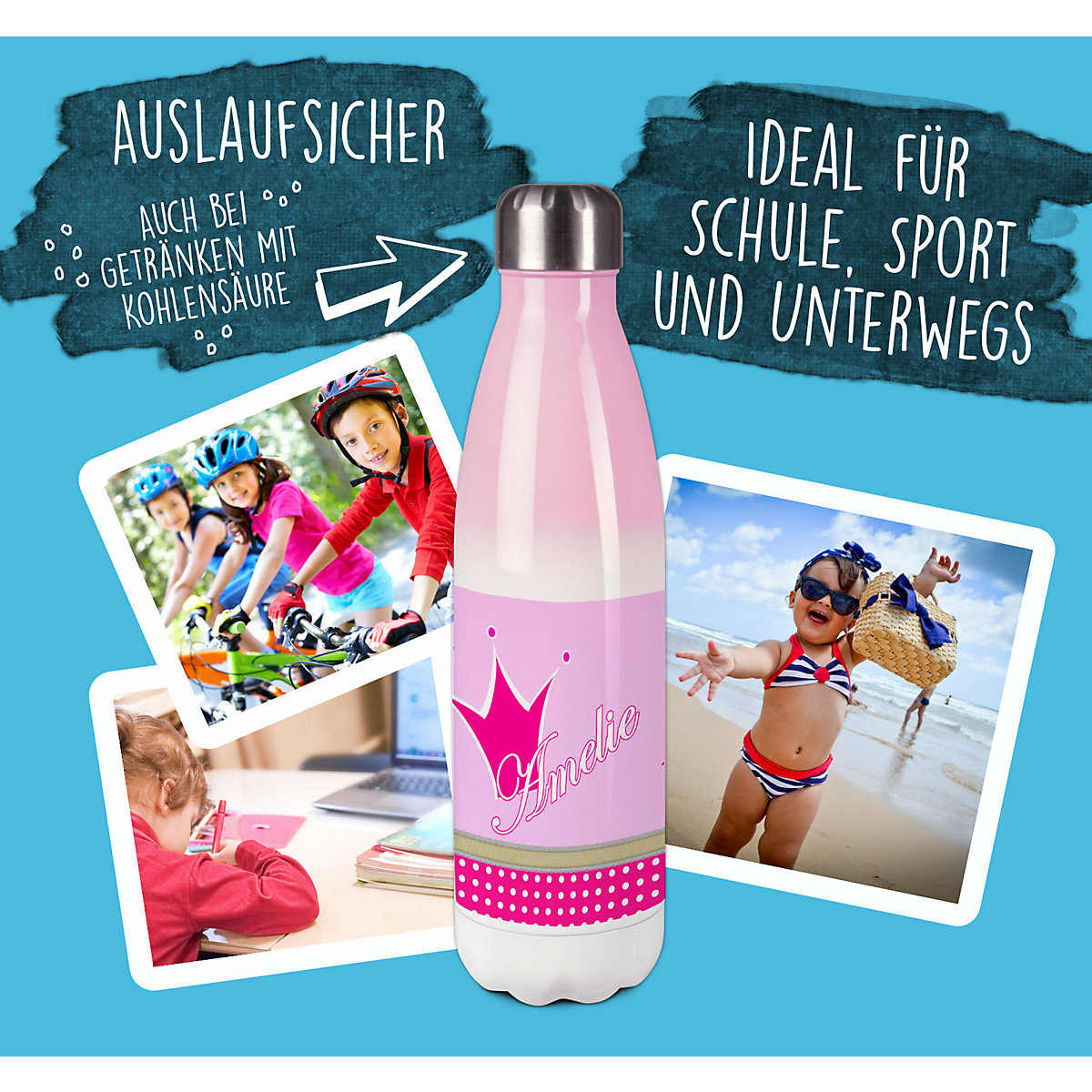 Edelstahl Kinder Thermoflasche / Trinkflasche bunt Krone Farbe pink Spülmaschinenfest, Auslaufsicher, Bruchfest, Doppelwandig, Für Heißgetränke geeignet, Mit Deckel, Isoliert