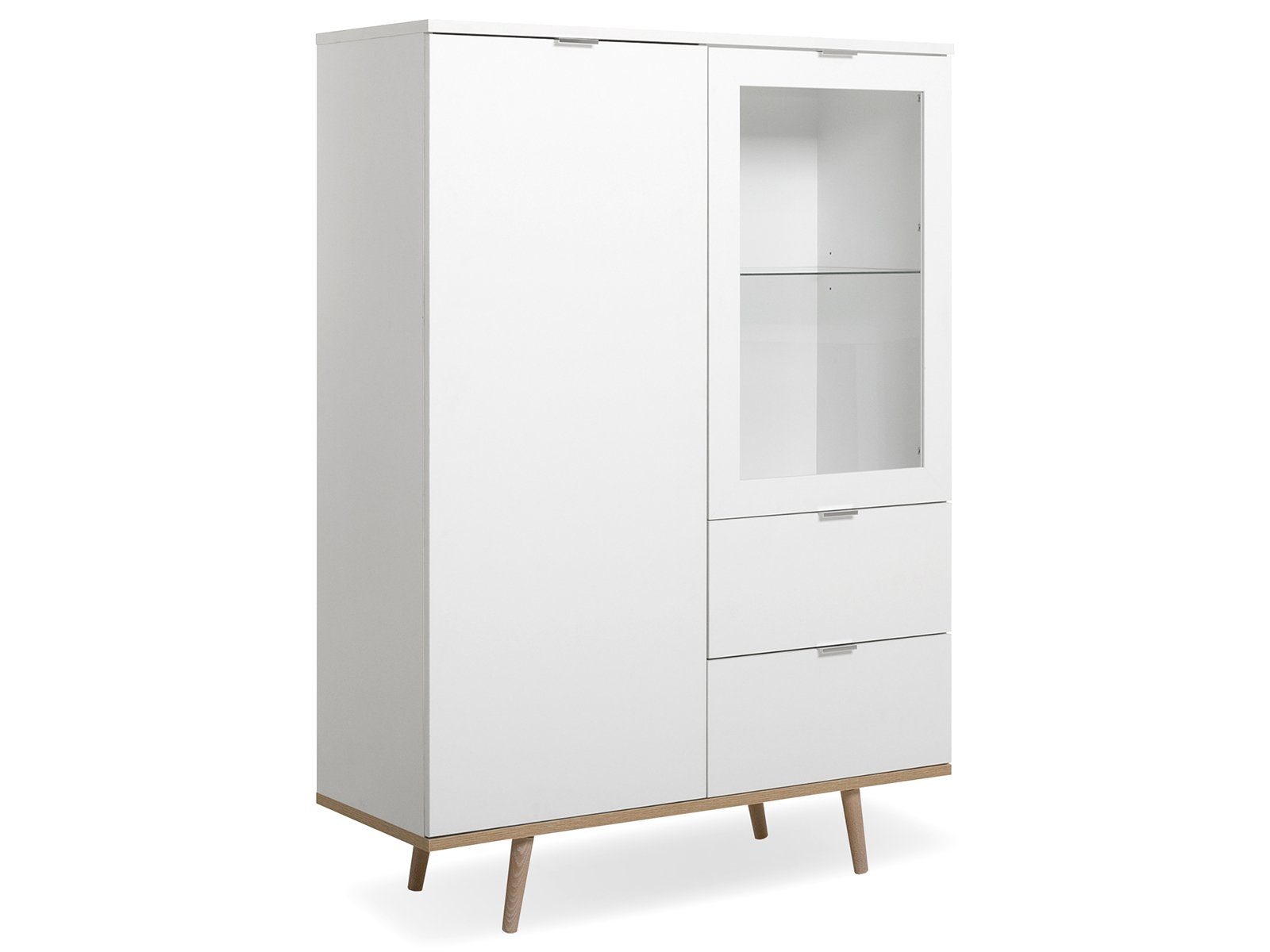 möbelando Highboard Dalarna, Modernes Highboard aus Spanplatte in Weiß, Füße aus Massivholz in Sonoma-Eiche mit 1 Glas-/Holztür, 1 Holztür, 2 Schubkästen, 2 Einlegeböden und 1 Glaseinlegeboden. Breite 100 cm, Höhe 140 cm, Tiefe 40 cm