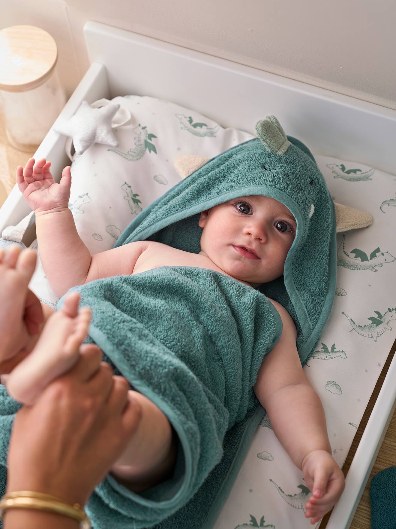 Vertbaudet Baby Kapuzenbadetuch & Waschhandschuh DRACHE - grün