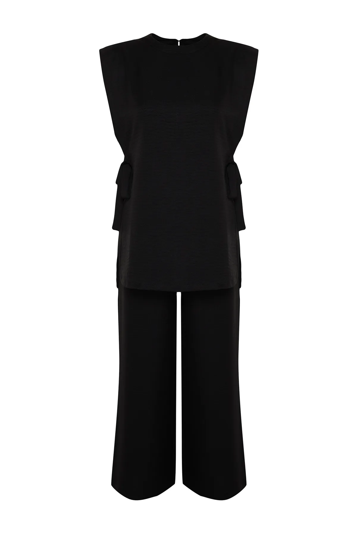 Trendyol Modest  Schwarzes Leinen-Look-Set mit gewebter Unterseite und Oberteil, seitlich gebunden, TCTSS24US0001