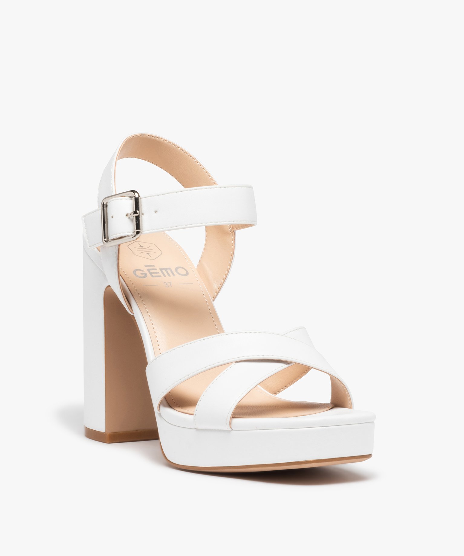 Sandales femme à talon carré extra haut et brides unies blanc | GEMO