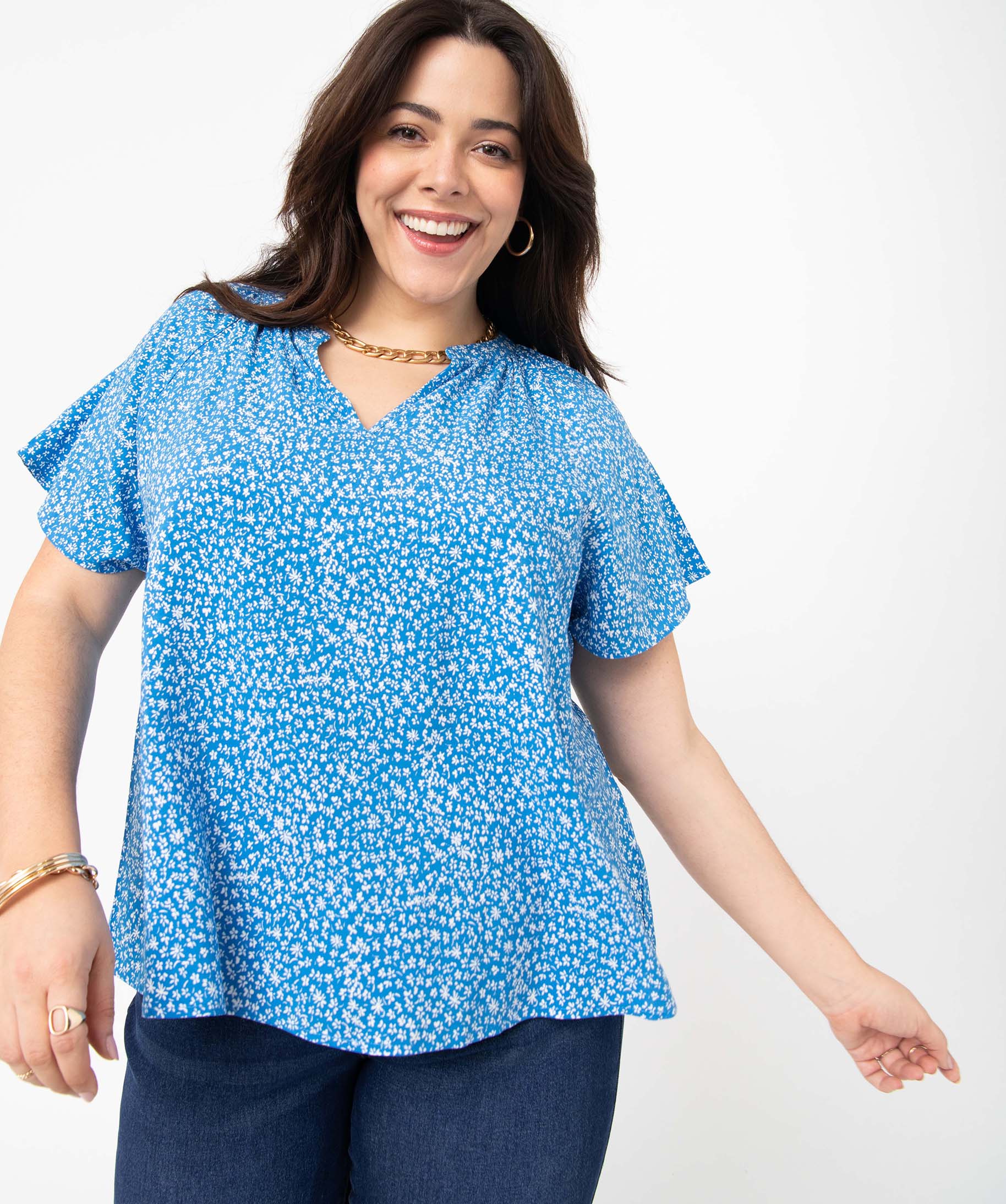 Blouse femme grande taille fleurie à manches courtes et col V imprime | GEMO
