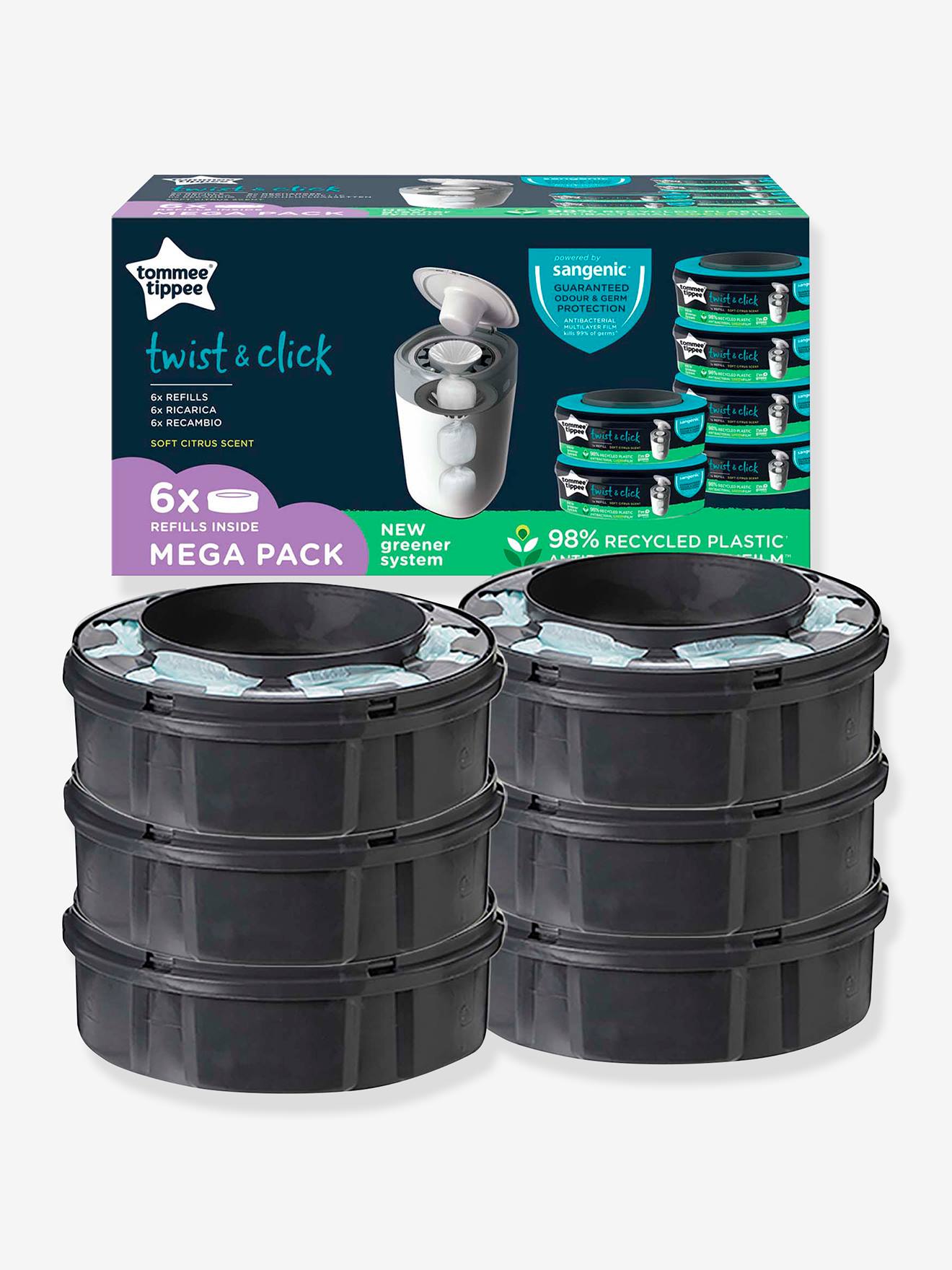 Lot de 6 recharges pour poubelles à couches Tec et Twist & Click TOMMEE TIPPEE Sangenic en plastique recyclé gris