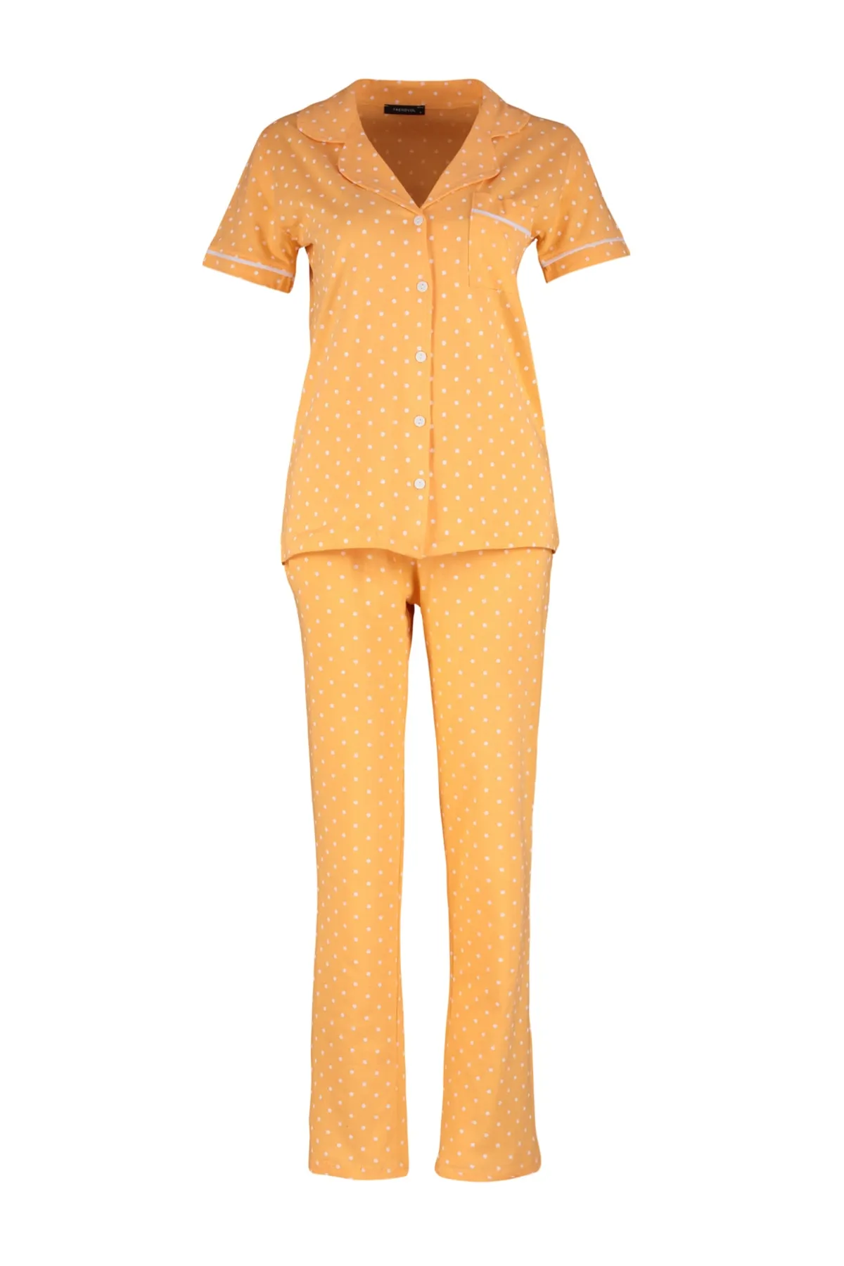 Trendyol Collection  Pfirsichfarbenes Strick-Pyjama-Set aus 100 % Baumwolle mit Paspelierung, gepunktetem Hemd und Hose THMSS20PT0304
