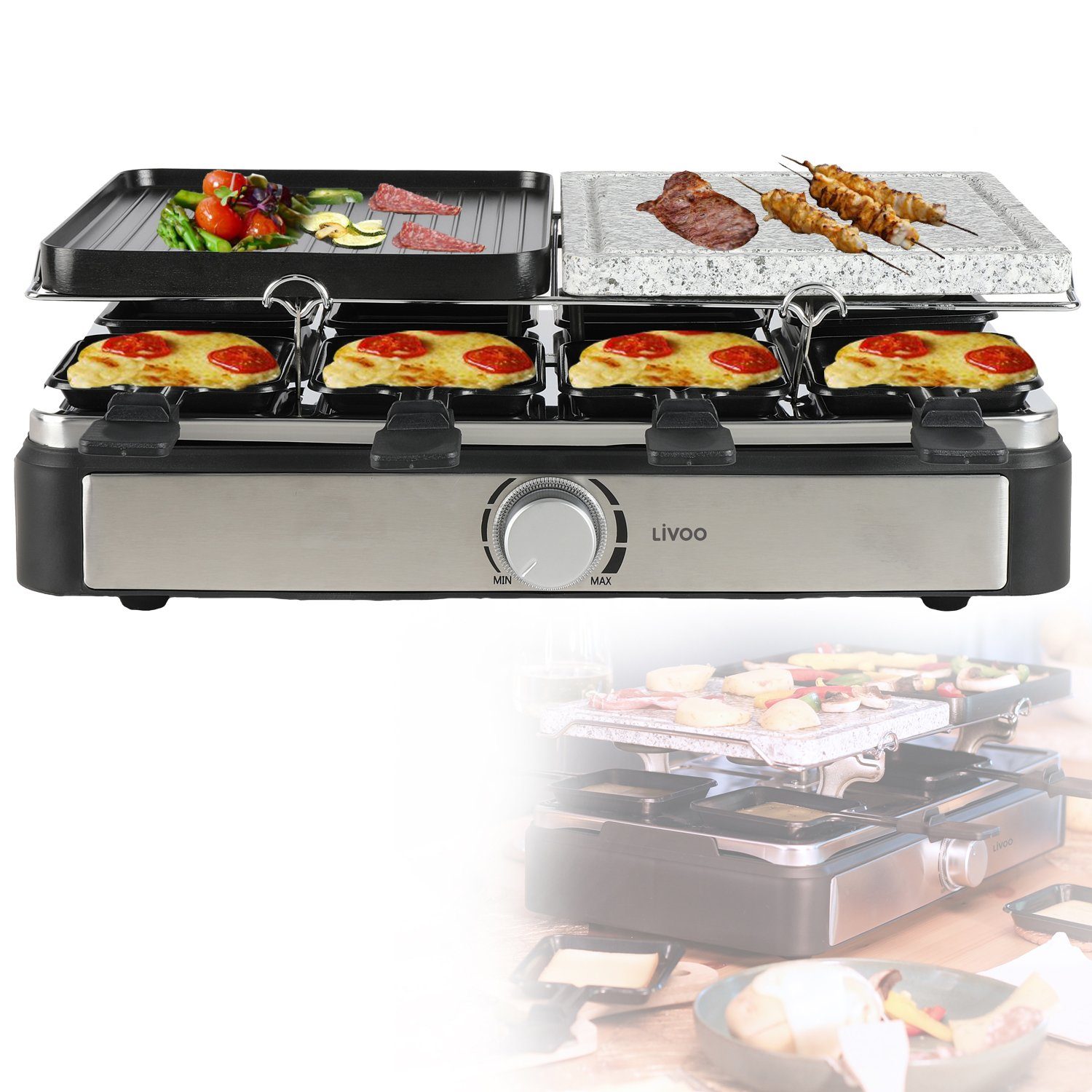 LIVOO Raclette LIVOO Raclette Grill für 8 Personen Tischgrill Raclettegrill DOC258, 8 Raclettepfännchen, 1400,00 W, Raclettepfännchen, Holzspatel, 2 abnehmbare Grillplatten, Drehregler