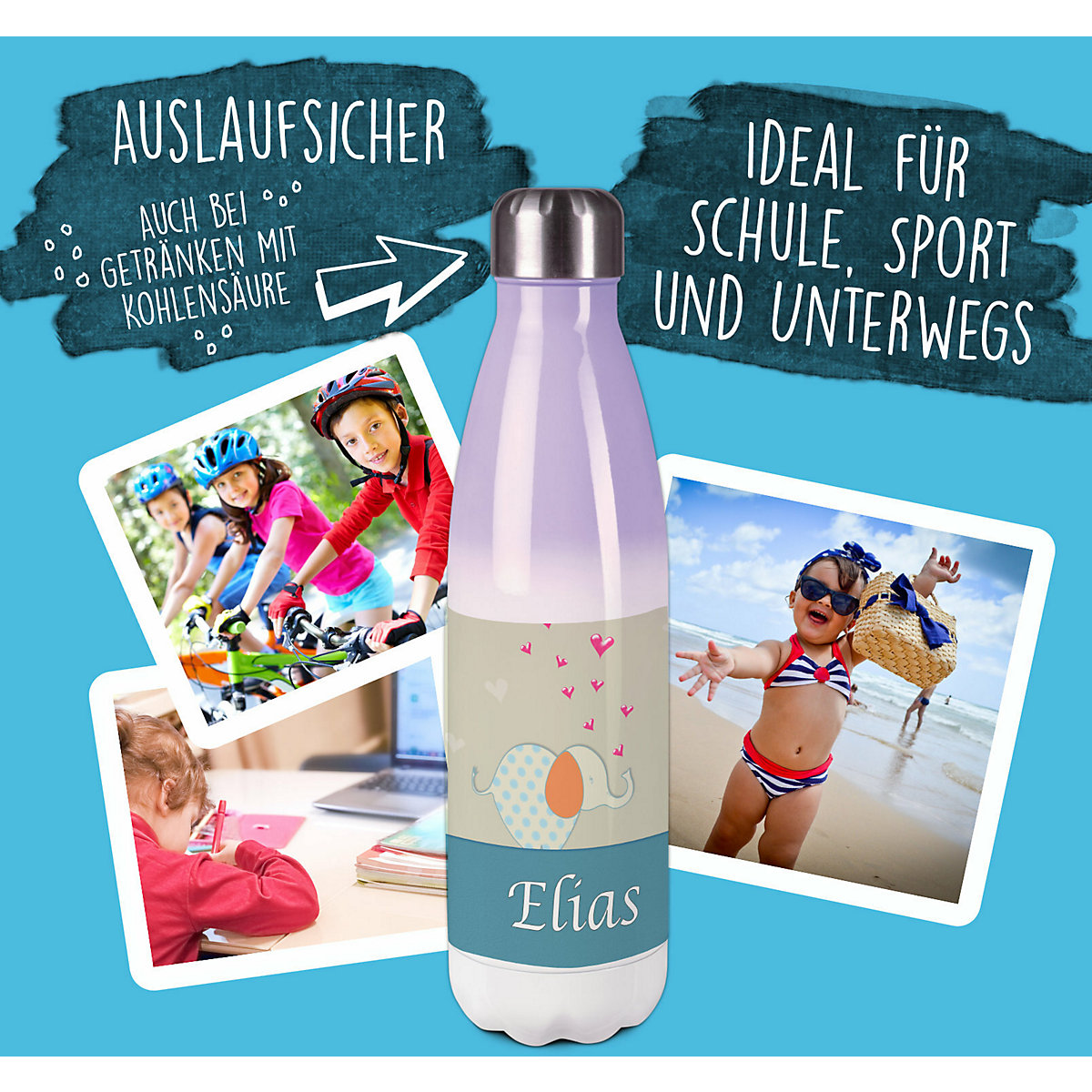Edelstahl Kinder Thermoflasche / Trinkflasche bunt Elefant Farbe blau orange Spülmaschinenfest, Auslaufsicher, Bruchfest, Doppelwandig, Für Heißgetränke geeignet, Mit Deckel, Isoliert
