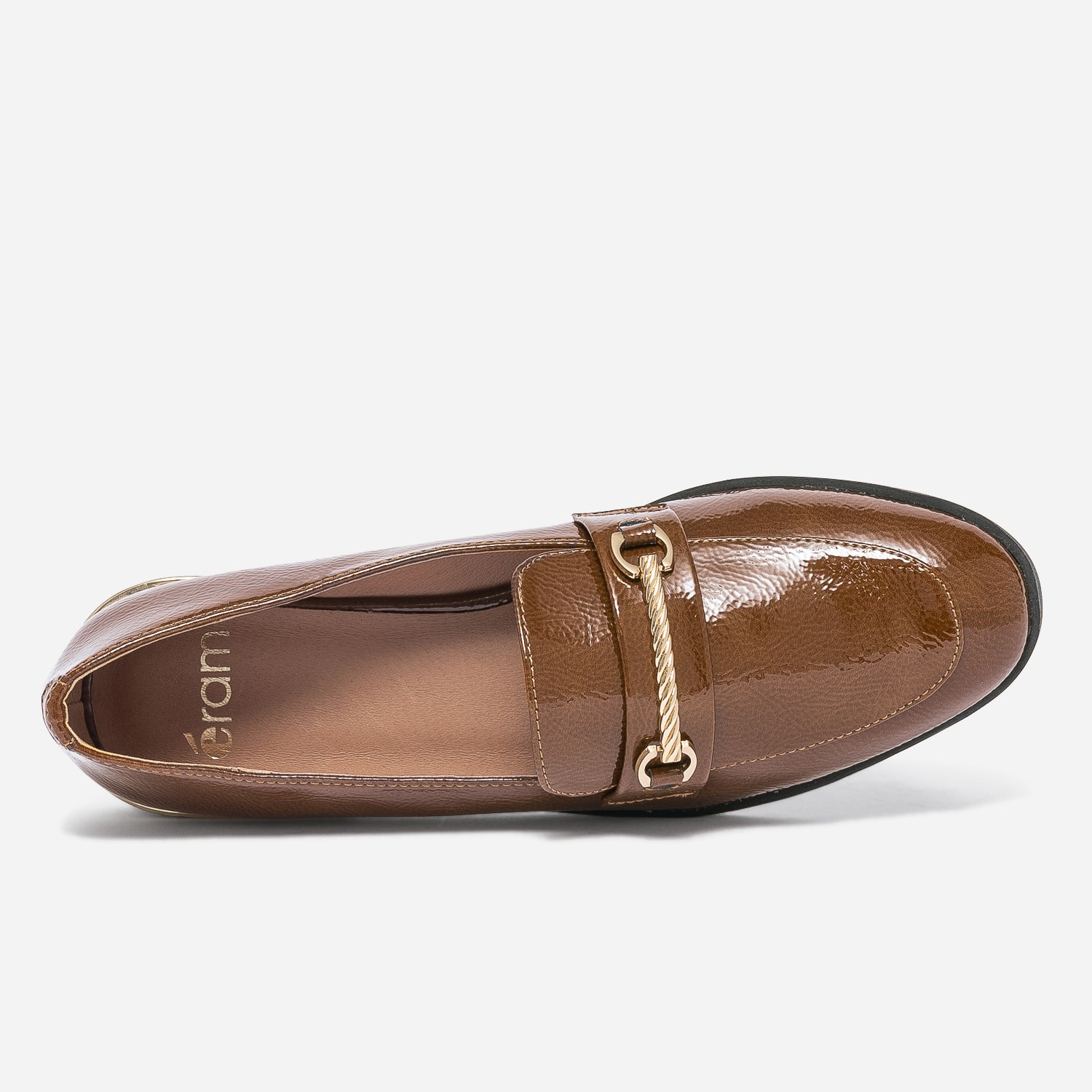 Mocassin cognac verni à barrette dorée