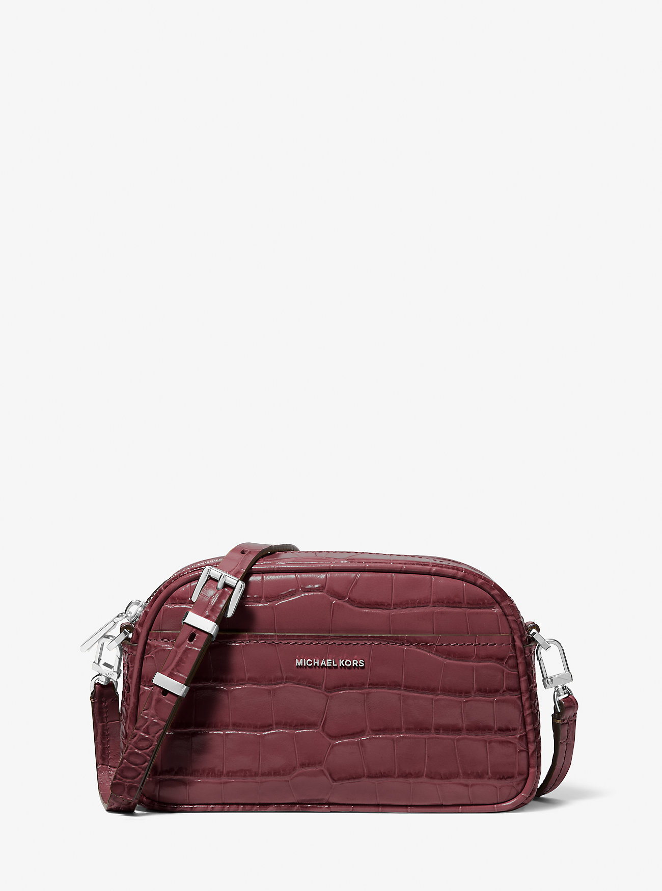 Jet Set Small Crocodile Embossed Leather Camera Crossbody Bag - OXBLOOD