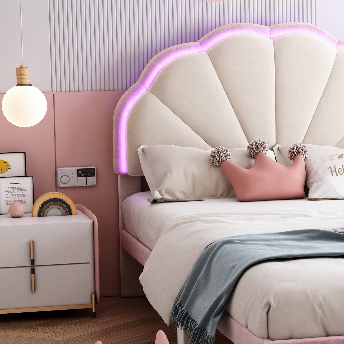 Flieks Polsterbett, LED Beleuchtung Kinderbett Einzelbett mit runden Beine 90x200cm Samt
