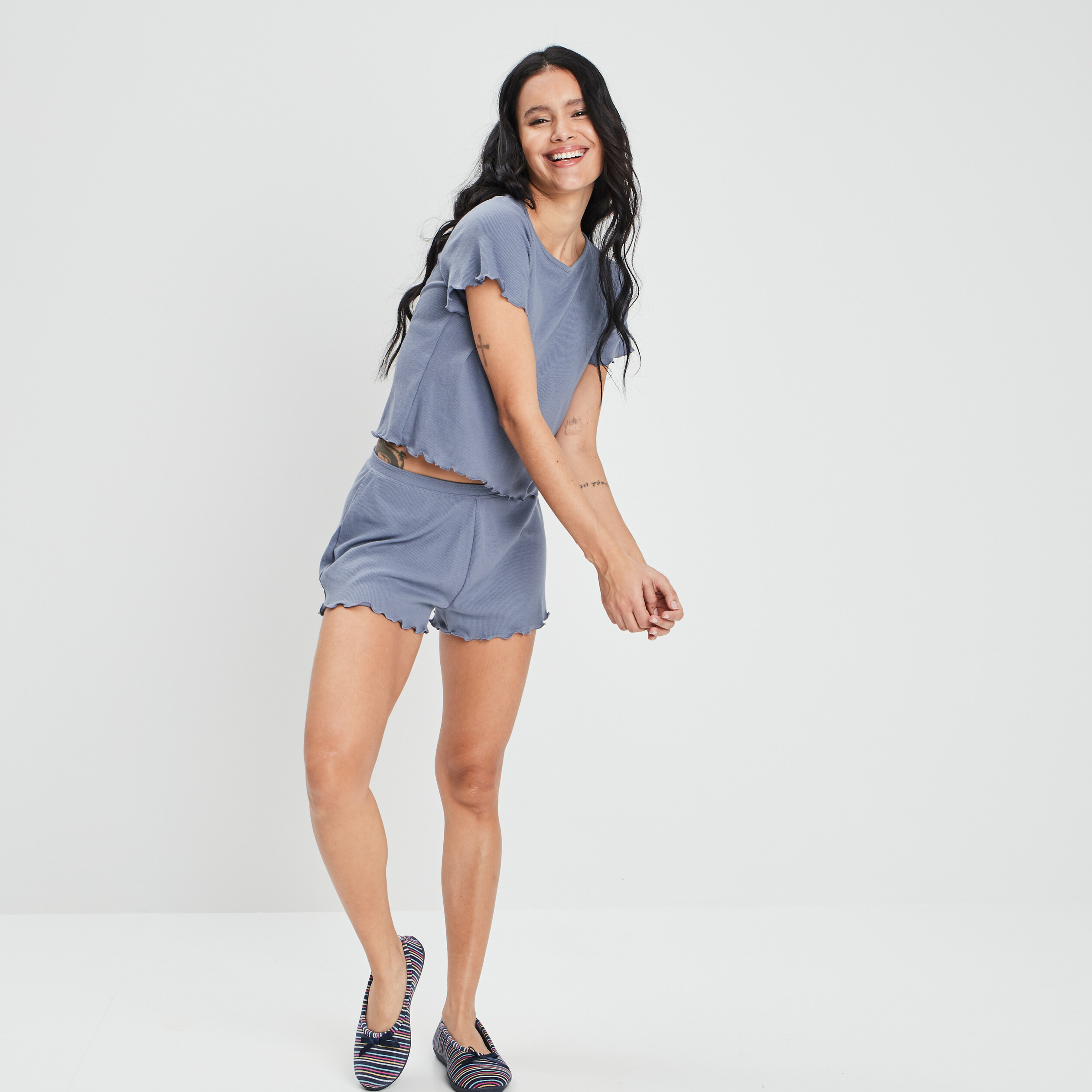 Haut de pyjama manches courtes bleu gris femme | La Halle