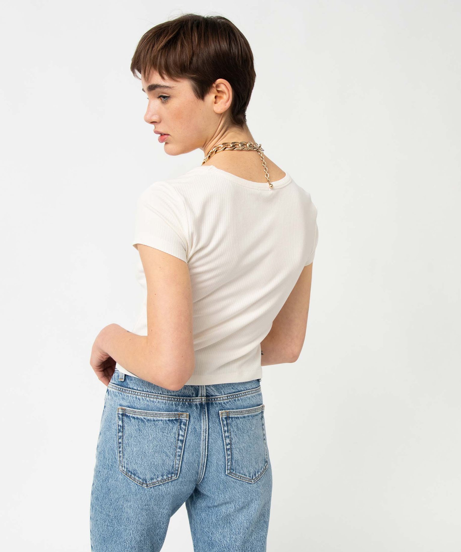 Tee-shirt femme en maille ctelée coupe courte ecru | GEMO