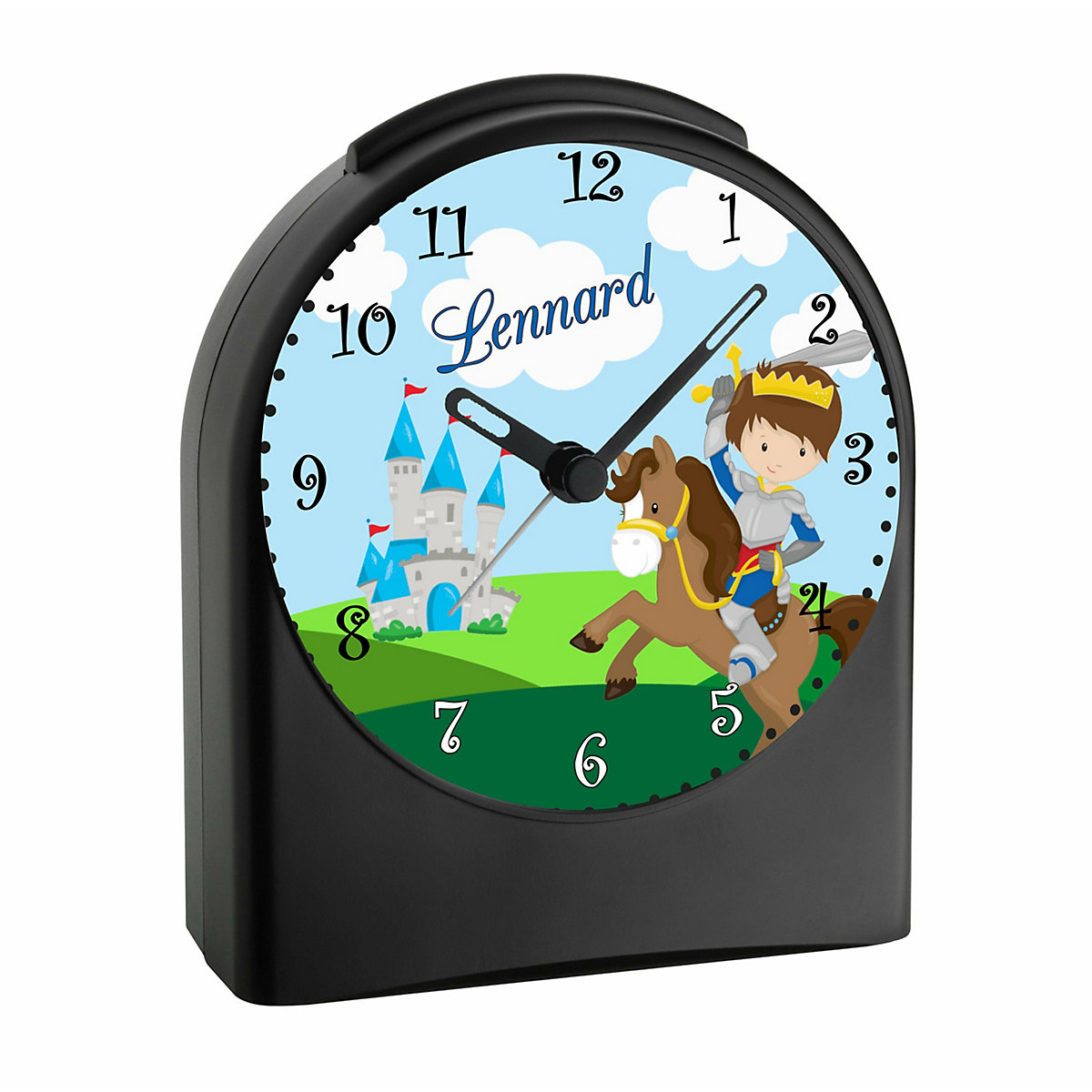 Kinder Funkwecker personalisiert mit Namen Ritter Atom-/Funkuhr, 12-Stunden-Anzeigeformat, Schlummerfunktion, Nachtlicht, Geräuschlos/Ohne Ticken