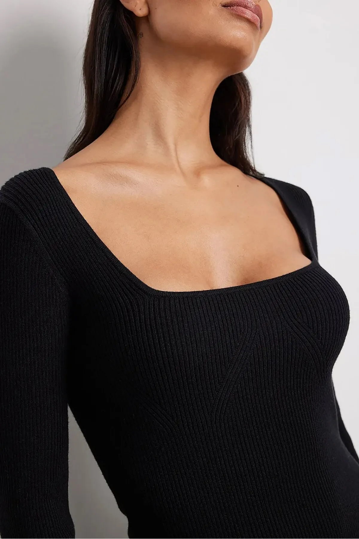 Madmext  Schwarzes langes Strickkleid mit quadratischem Kragen Mg1719
