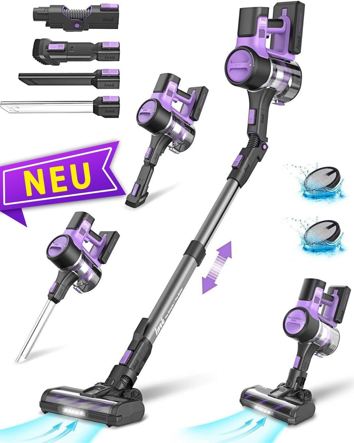 INSE Akku-Hand-und Stielstaubsauger Akku-Stielstaubsauger 33kPa,Akku-Staubsauger 350W, Akku-Staubsauger