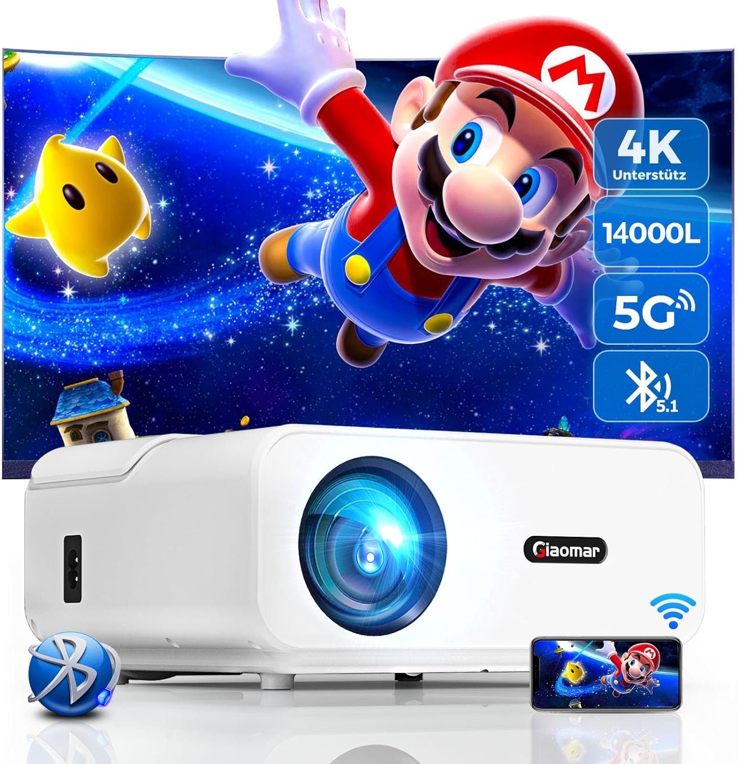 Vigpil Full HD WiFi Bluetooth Beamer 4K Unterstützt, Mini LED Portabler Projektor (14000 lm, 3840 x 2160 px, 300