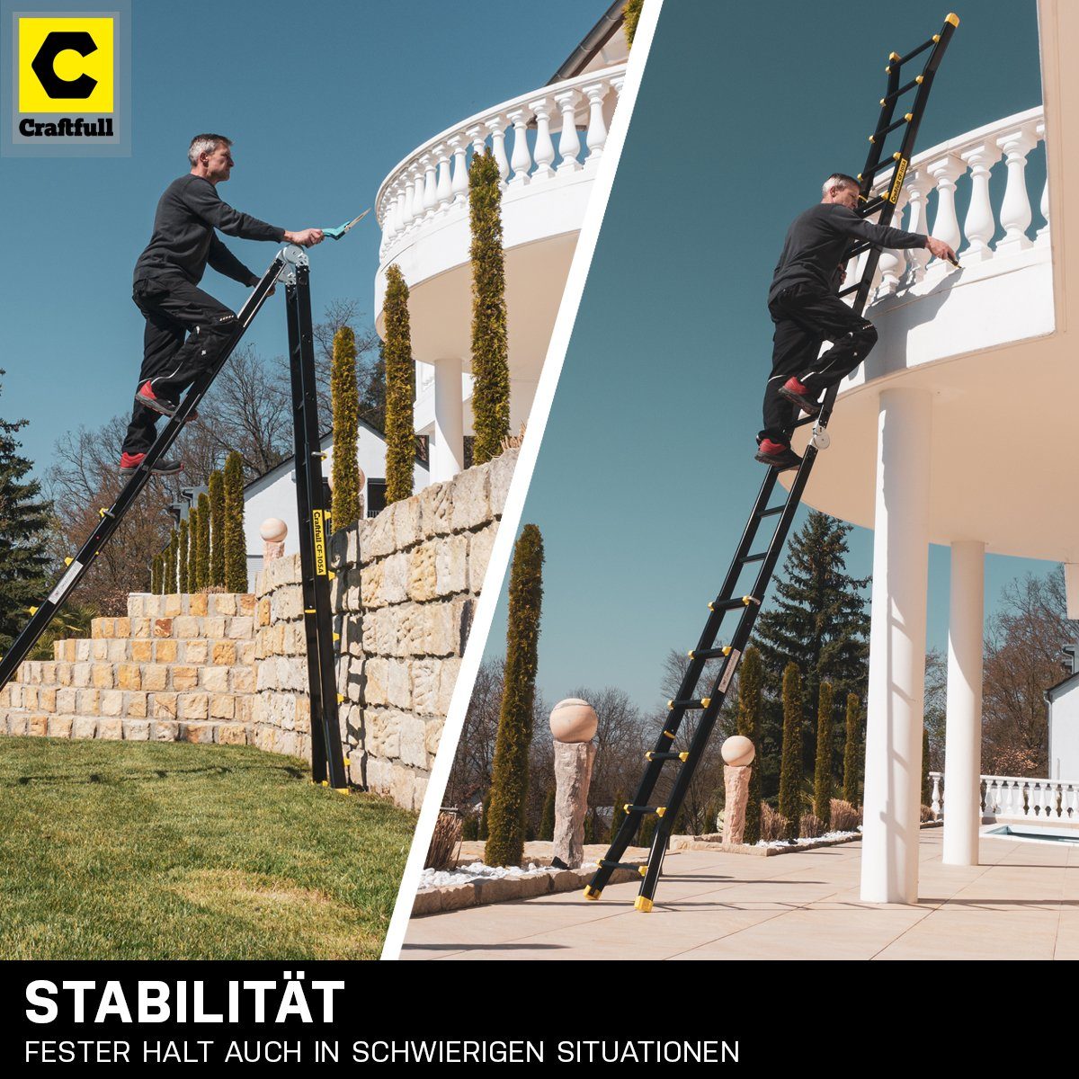 Craftfull Teleskopleiter 4in1 Treppenleiter CF-105A - 3 Jahre Garantie - 6,25 m - Aluminium (Black-Edition - 150 kg Traglast - Mehrzweckleiter Alu Stehleiter bis 150 kg - Anlegeleiter - Trittleiter - Wandleiter - Arbeitsbühne - Haushaltsleiter - Ausz