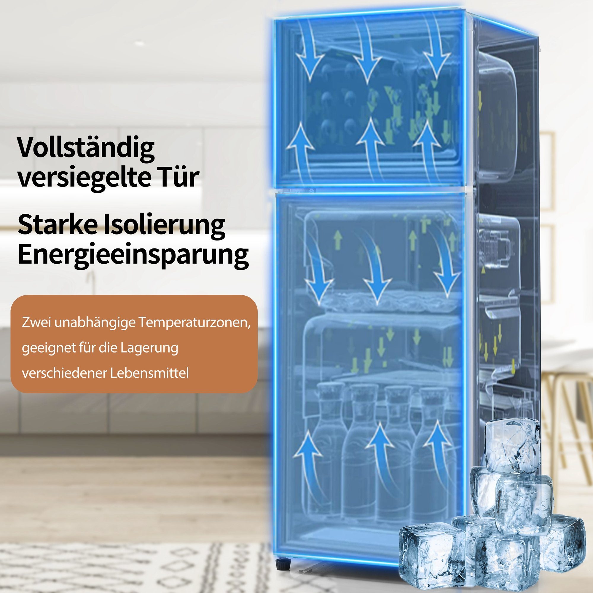 OKWISH Kühlschrank BCD-102, 105 cm hoch, 41 cm breit, Türregale und Glasregale. 181 kWh/Jahr, -27°C ~13°C, LED-Licht.