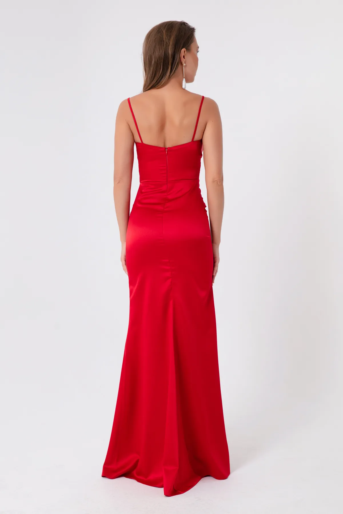 Lafaba  Rotes, langes Satin-Abendkleid und Abschlusskleid mit Schlitz für Damen