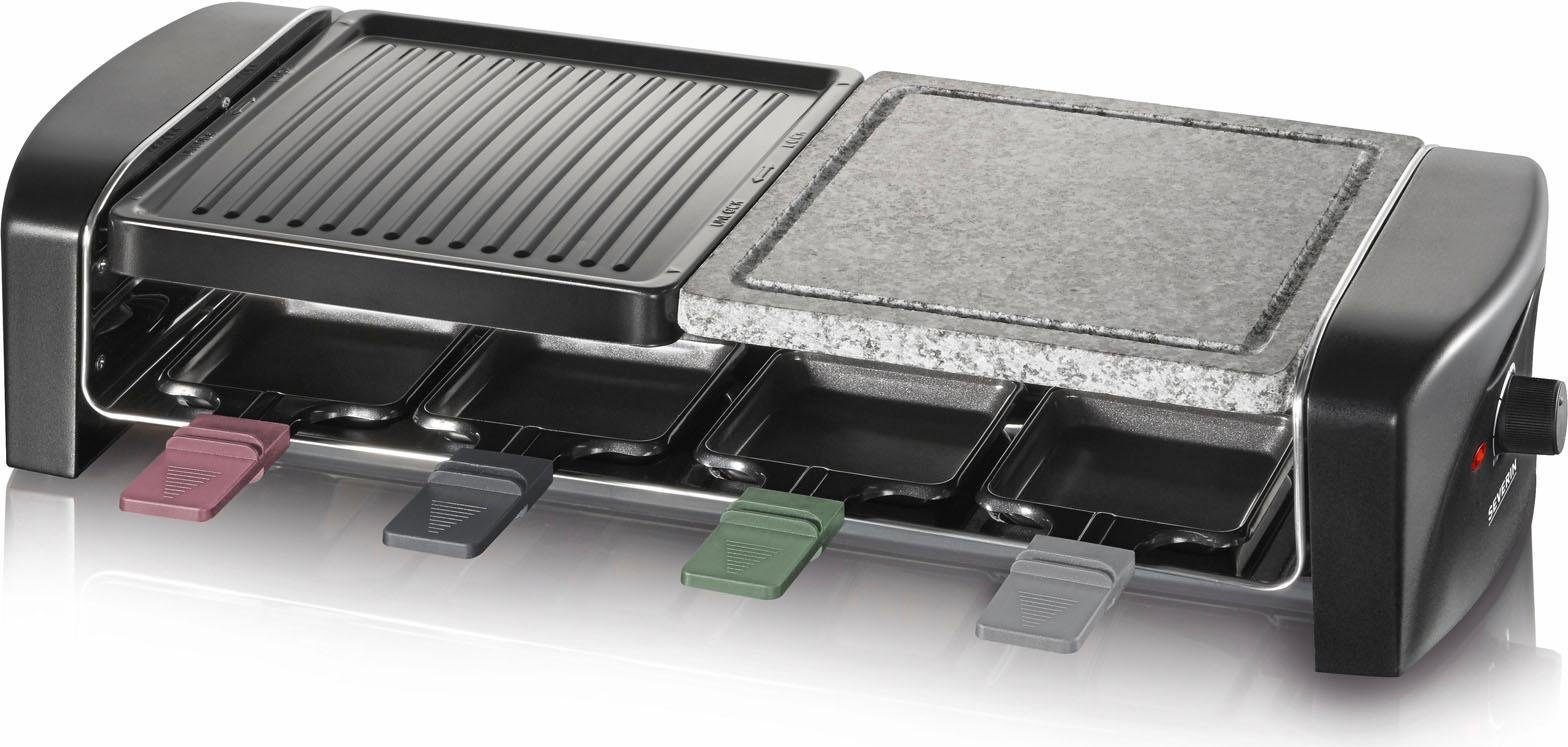 Severin Raclette RG 9645, 8 Raclettepfännchen, 1400 W, Naturgrillstein, Gussplatte, Thermostat, Antihaftbeschichtung