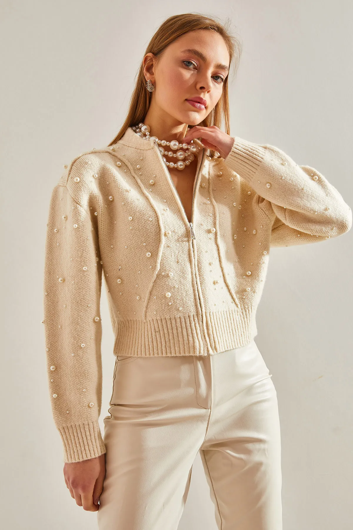 Bianco Lucci  Damen-Strickjacke mit Perlenstein-Stickerei