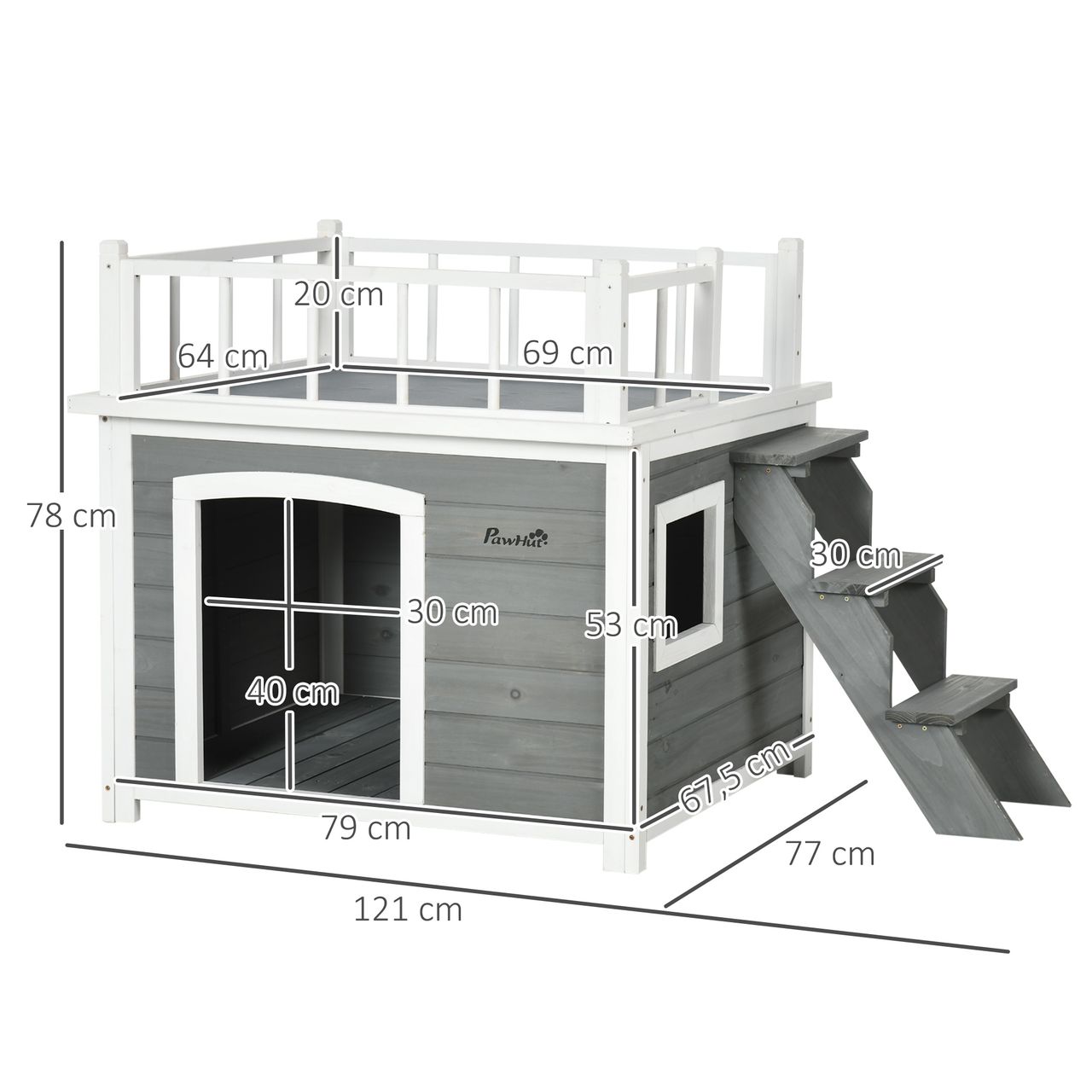 PawHut Hundehütte Hundehaus mit Balkon Erhöhtes Kleintierhaus mit Treppe Fenster