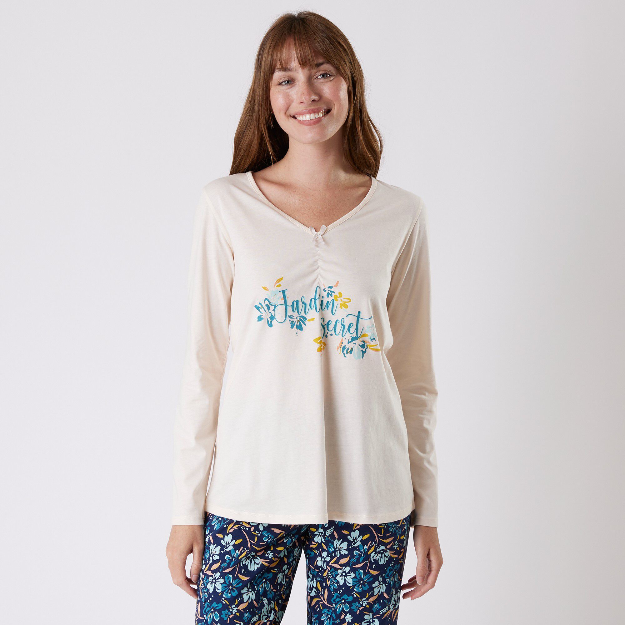 Tee-shirt pyjama manches longues imprimé placé 