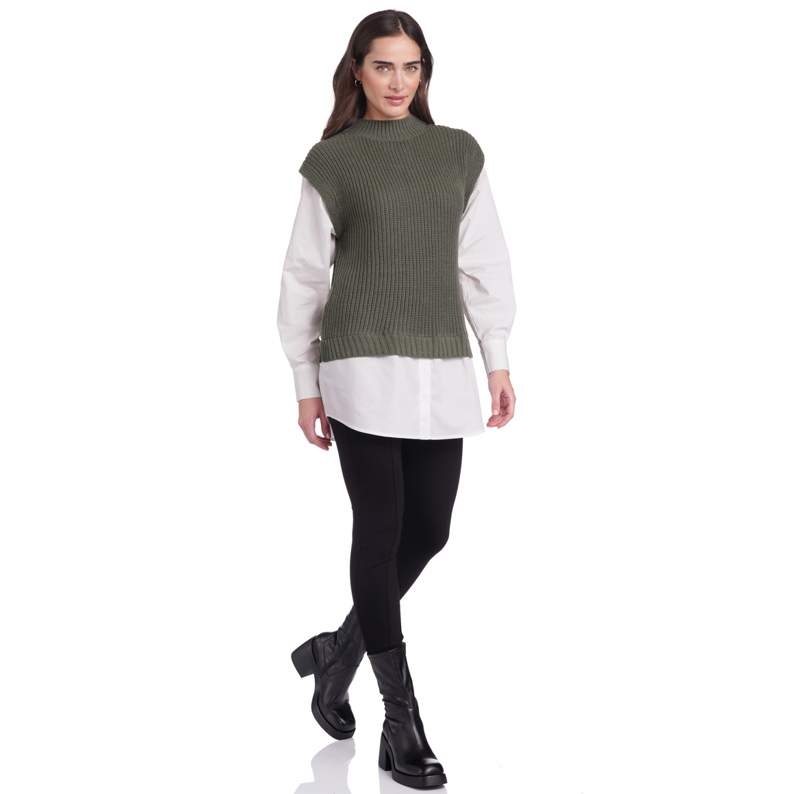 Damen Strickpullunder mit Bluseneinsatz