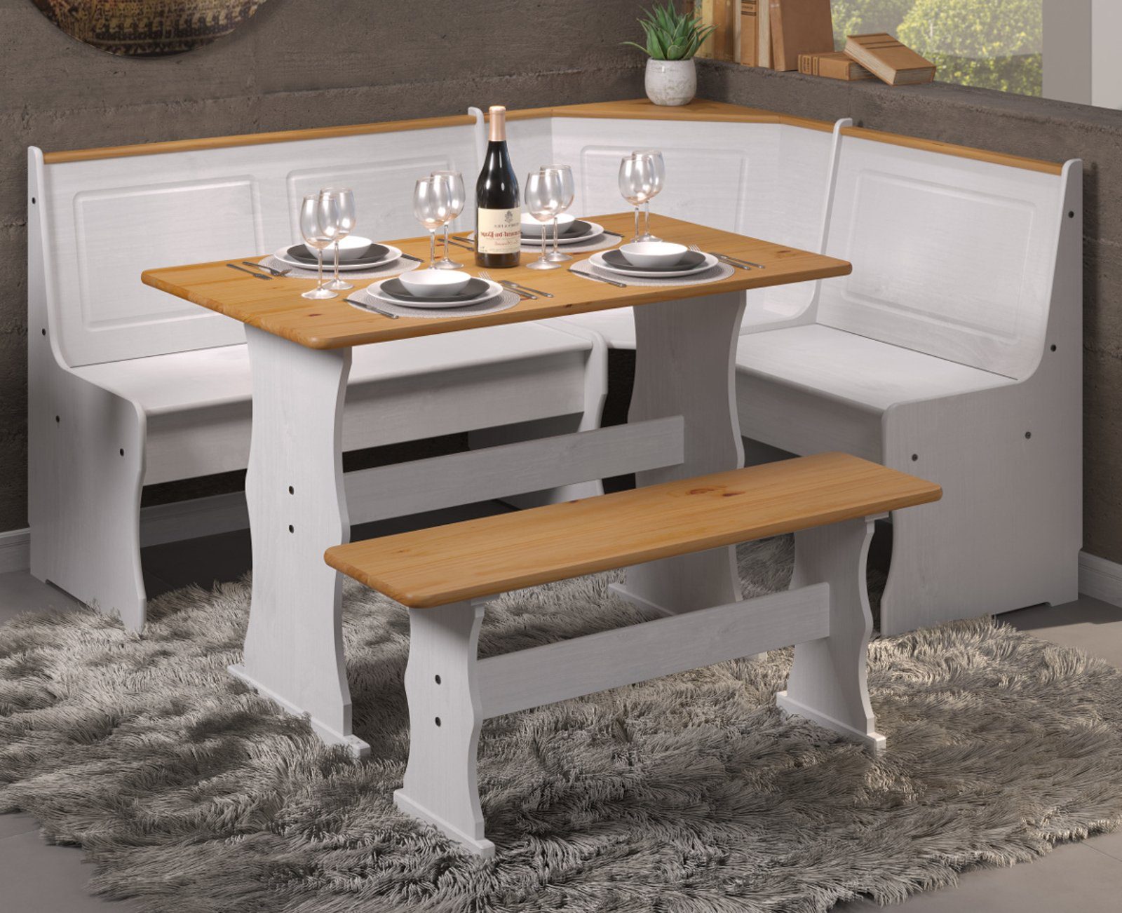 INTER-FURN Eckbankgruppe Paterno, (Kiefer massiv, weiß und honigfarben gewachst, Komplett-Set 3-teilig), inklusive Esstisch und Bank