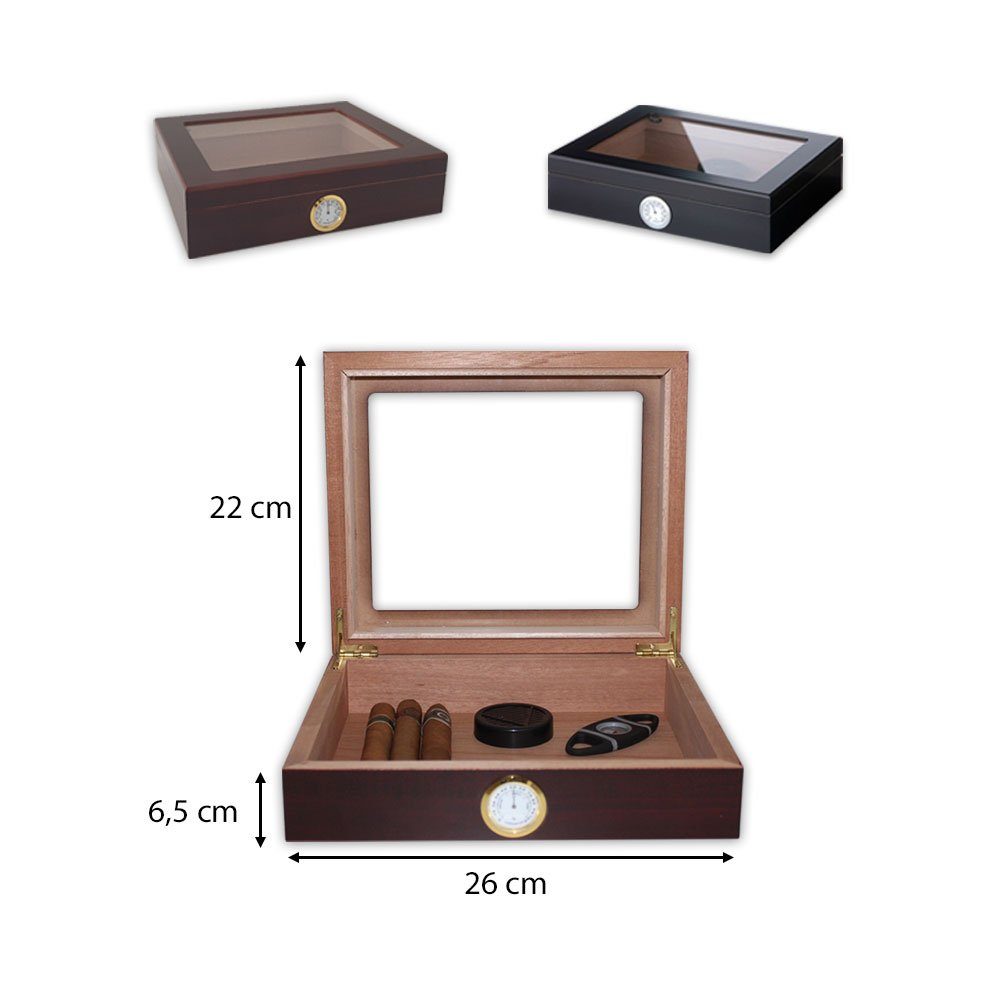 Coumo Humidor Glasdeckel, Humidor Set, für ca. 20 Zigarren, Zigarrenschneider