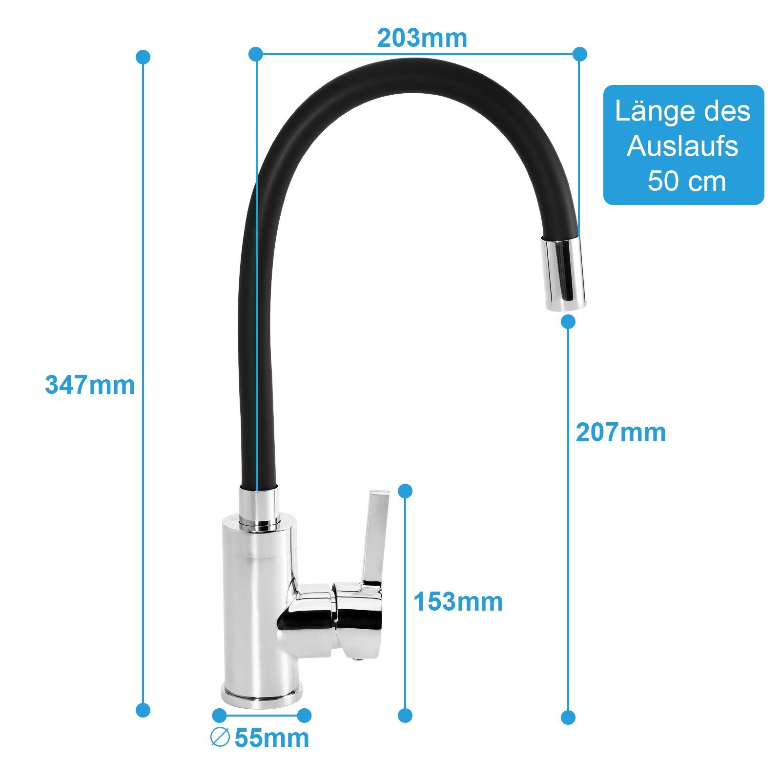 XIIW Waschtischarmatur Messing Küchenarmatur Spültischarmatur, Keramikkartusche,ABS Belüfter (Flexible Wasserhahn Küchen(360° Schwenkbar),Höhe 34,7cm,Schwarz Silikonschlauch)