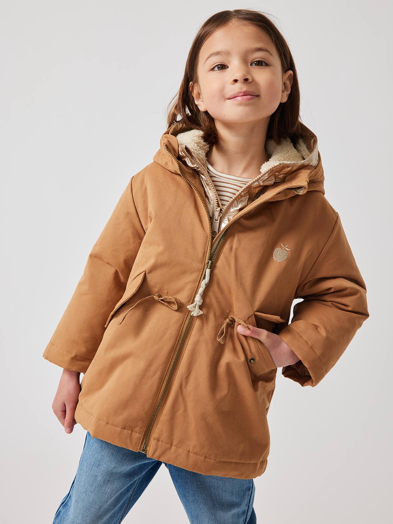 Parka à capuche 3 en 1 fille avec doudoune brillante doublée sherpa camel