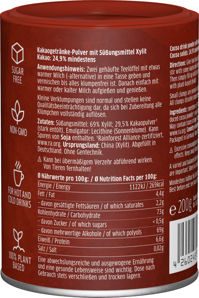 Kakaopulver, Heiße Schokolade mit Xylit, 200 g