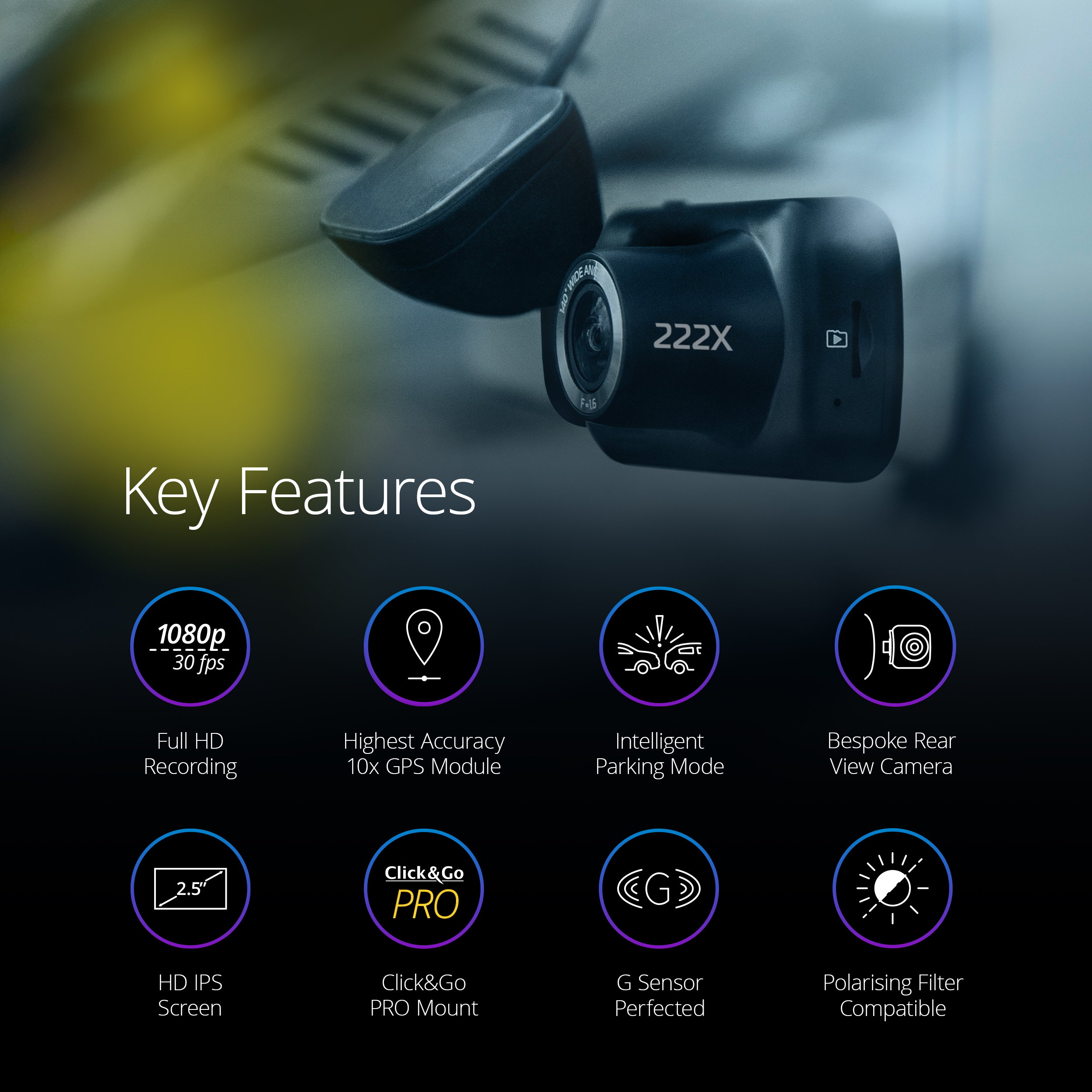 Nextbase Dashcam 222X Front- und Rücksichtkamera, mit 2,5" Display, 1080p mit 30 FPS, 140° Weitwinkel, G-Sensor, intelligentem Parkmodus uvm. - ATU