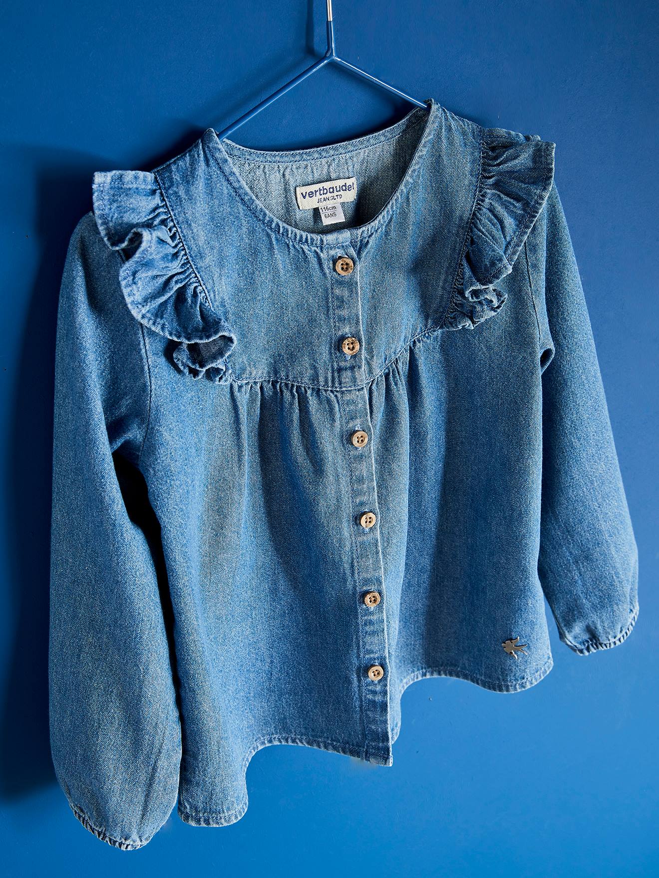 Vertbaudet Mädchen Jeansbluse mit Volants - blue stone